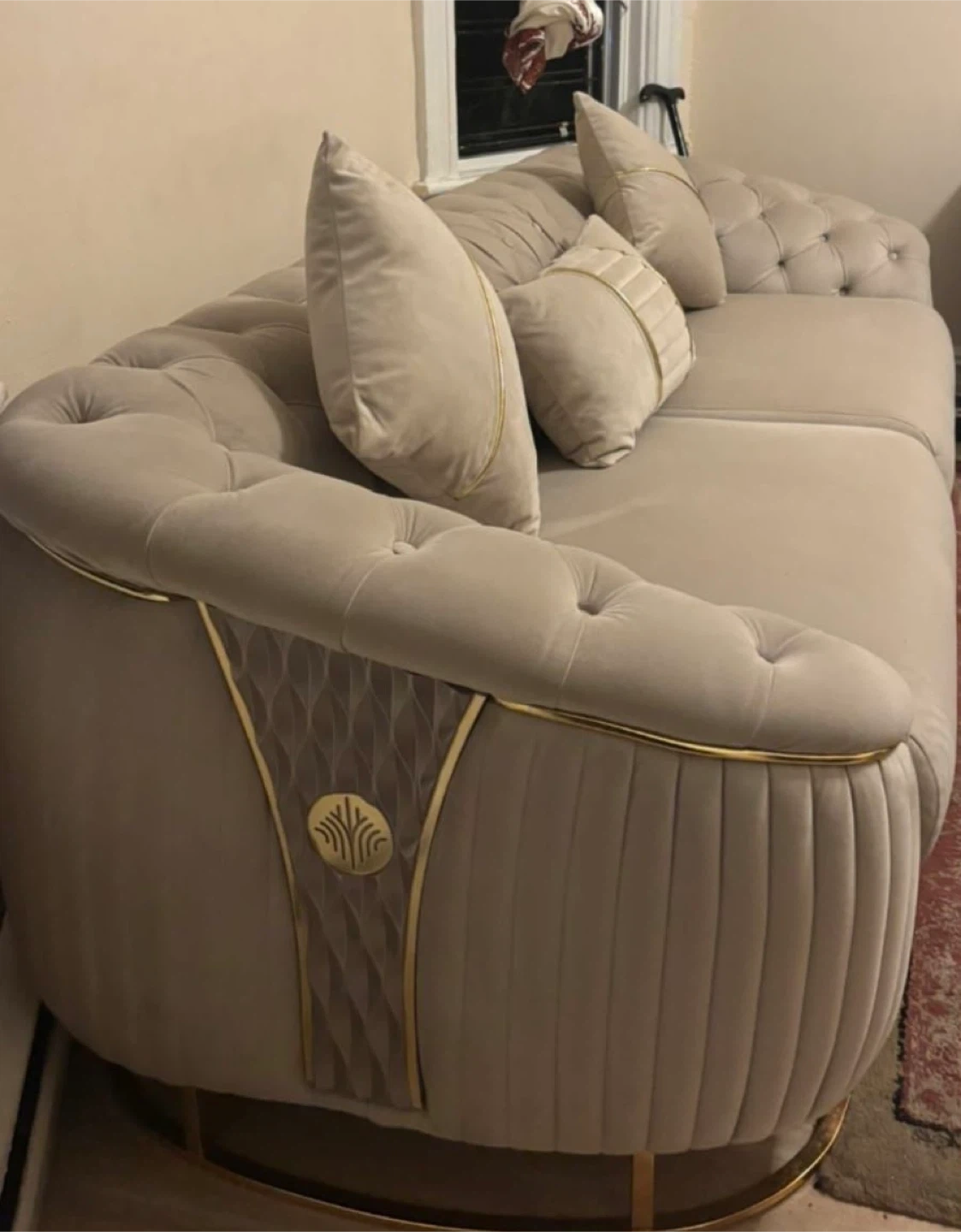 Beige Tufted Sofa with Pillows