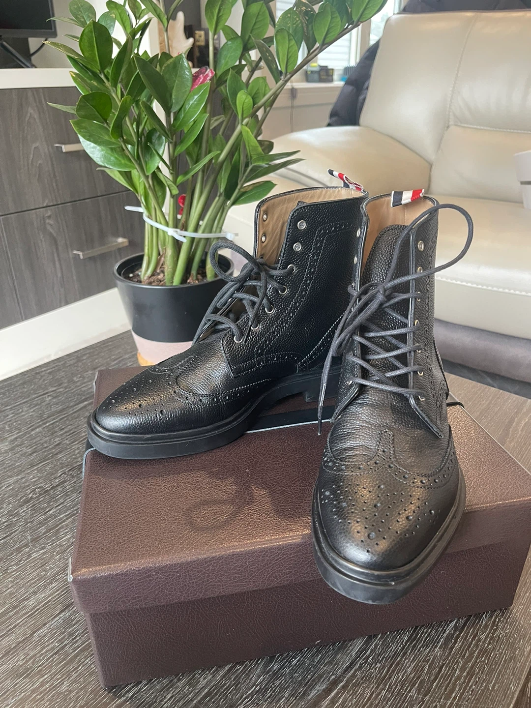 Thom Browne Black Leather Wingtip Boots