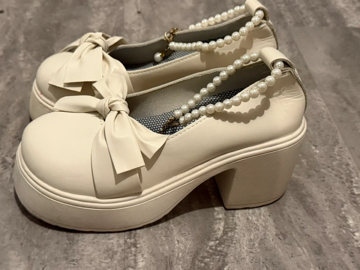 Cream Platform Heels with Bow & Pearls