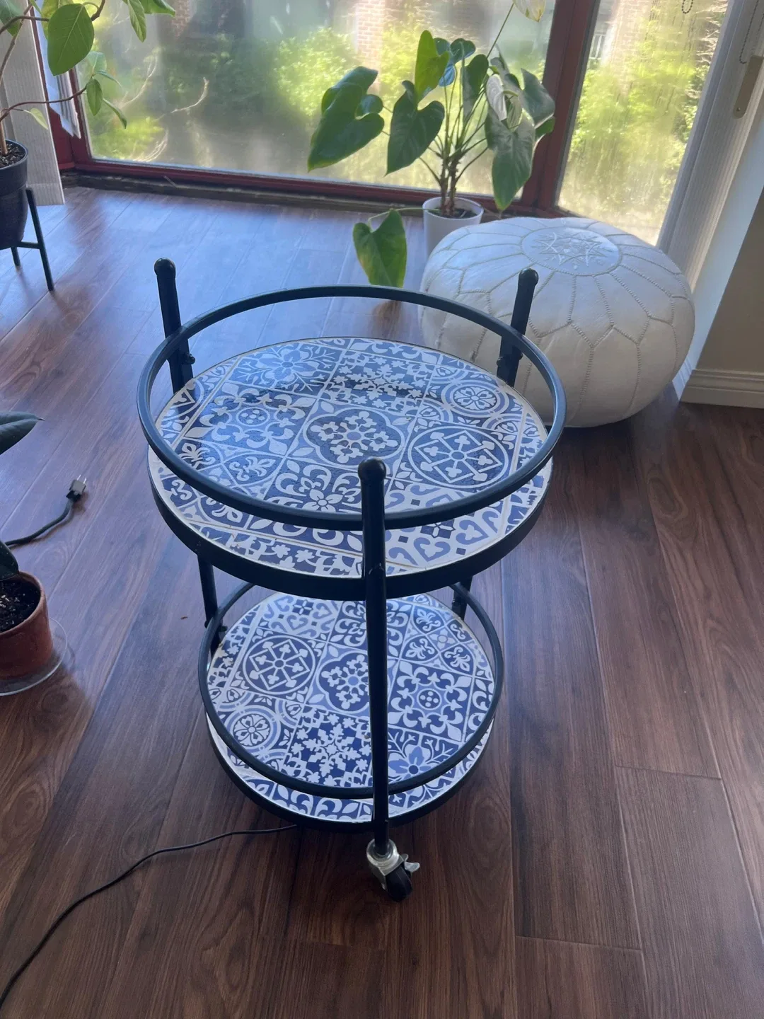 Rolling Bar Cart with Blue Tile Pattern