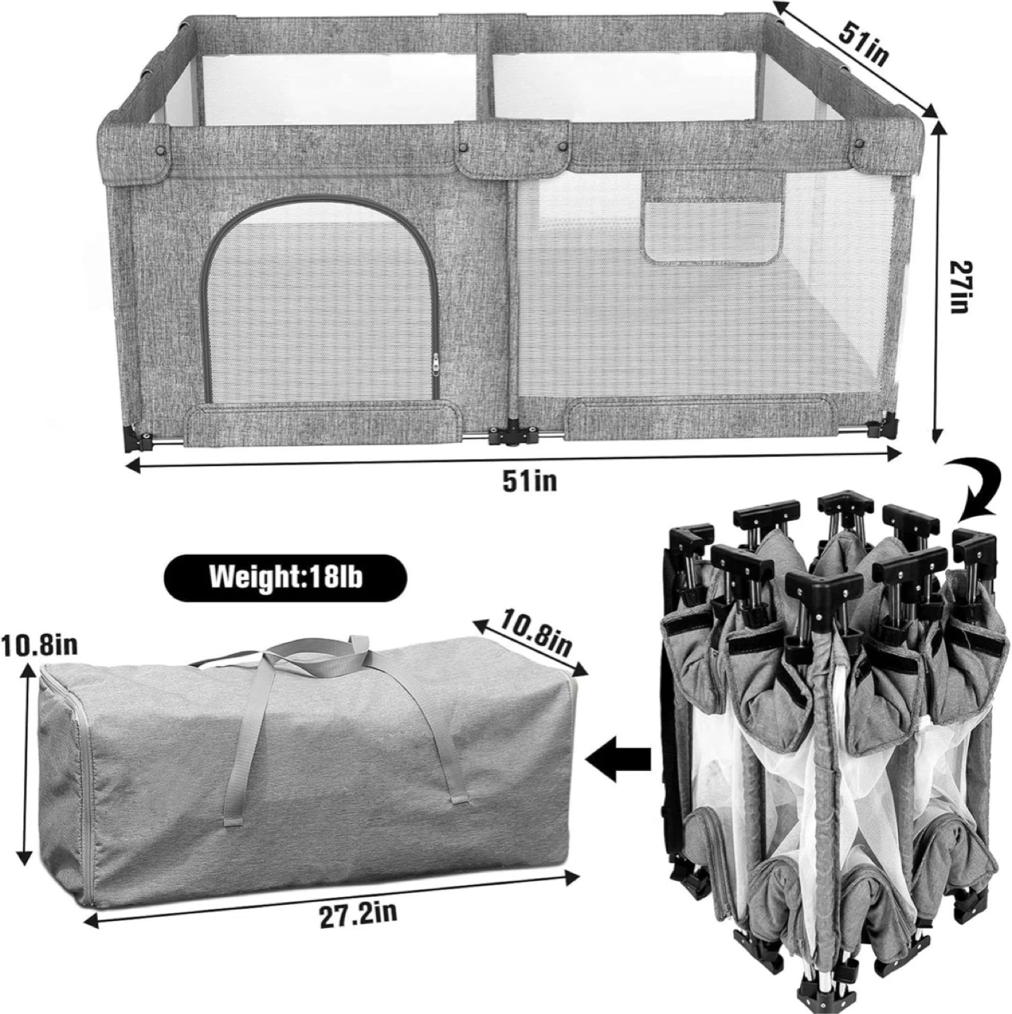 Grey Baby Playpen - Portable & Foldable