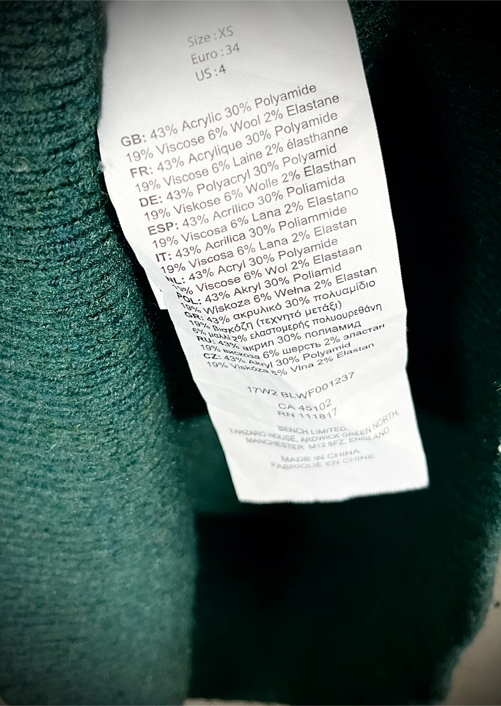 Bench. Green Turtleneck Sweater - Size XS