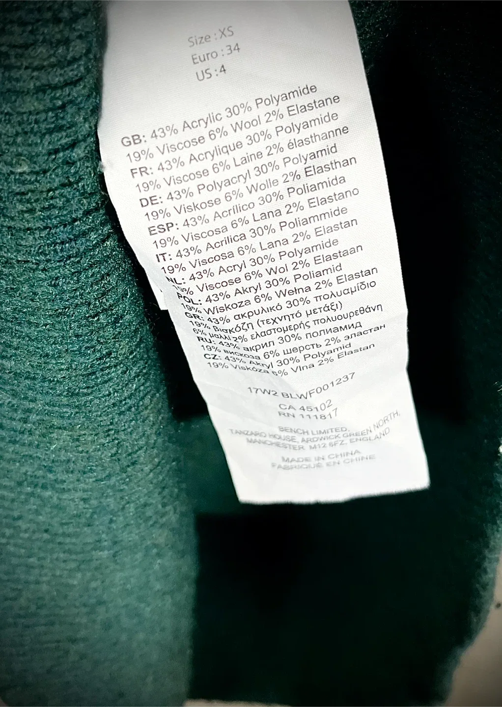 Bench. Green Turtleneck Sweater - Size XS