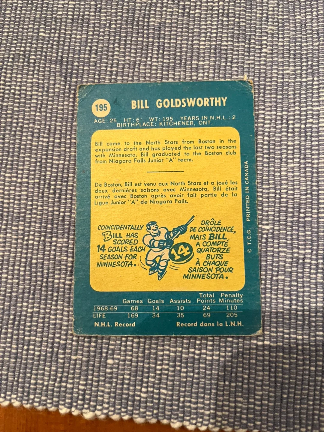 1969/70 O-PEE-CHEE NHL HOCKEY CARD #195 BILL GOLDSWORTHY image indicator(2)