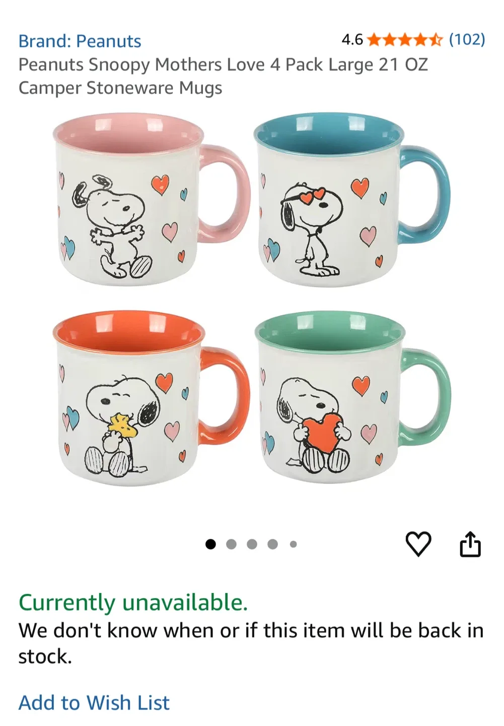 Peanuts Snoopy Mothers Love Mug Set - 4 Large 21 oz Mugs image indicator(2)
