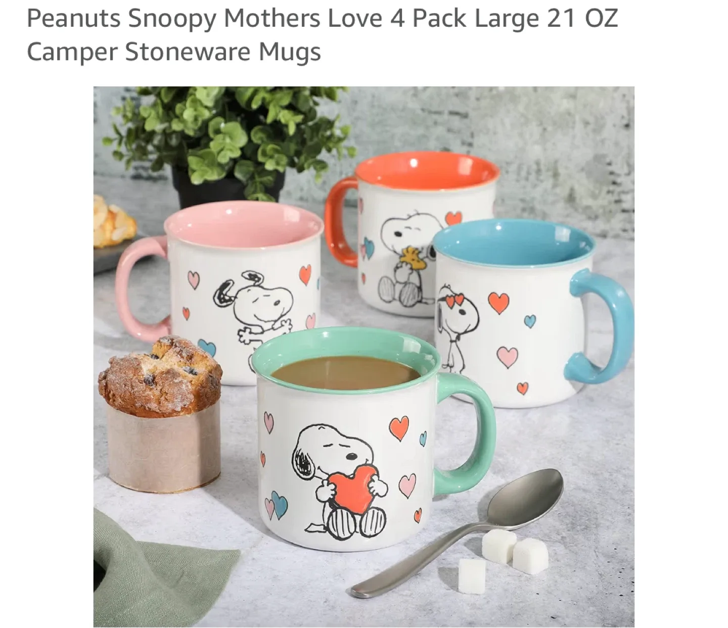 Peanuts Snoopy Mothers Love Mug Set - 4 Large 21 oz Mugs