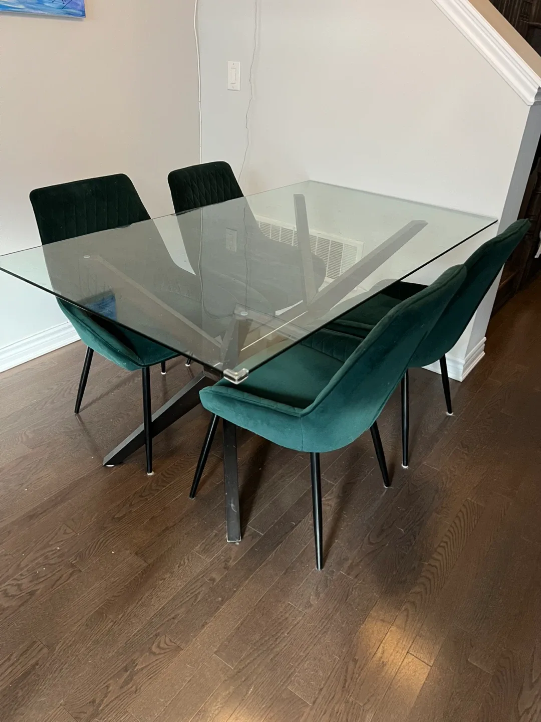 Glass Top Dining Table with 4 Green Velvet Chairs