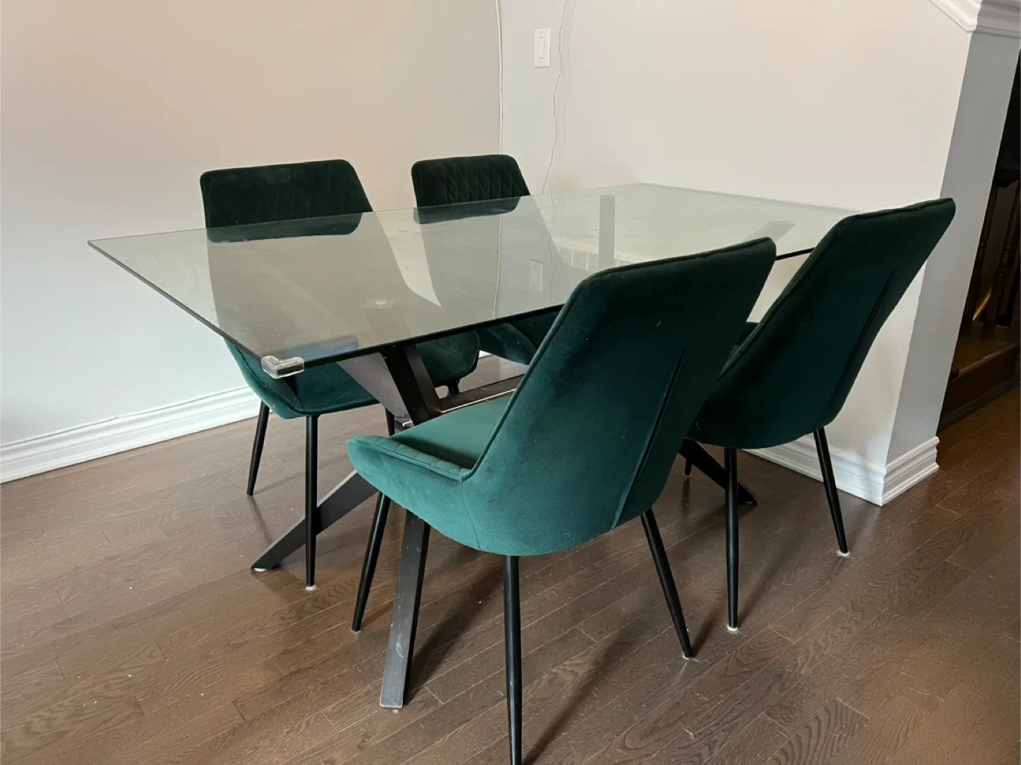 Glass Top Dining Table with 4 Green Velvet Chairs image indicator(4)