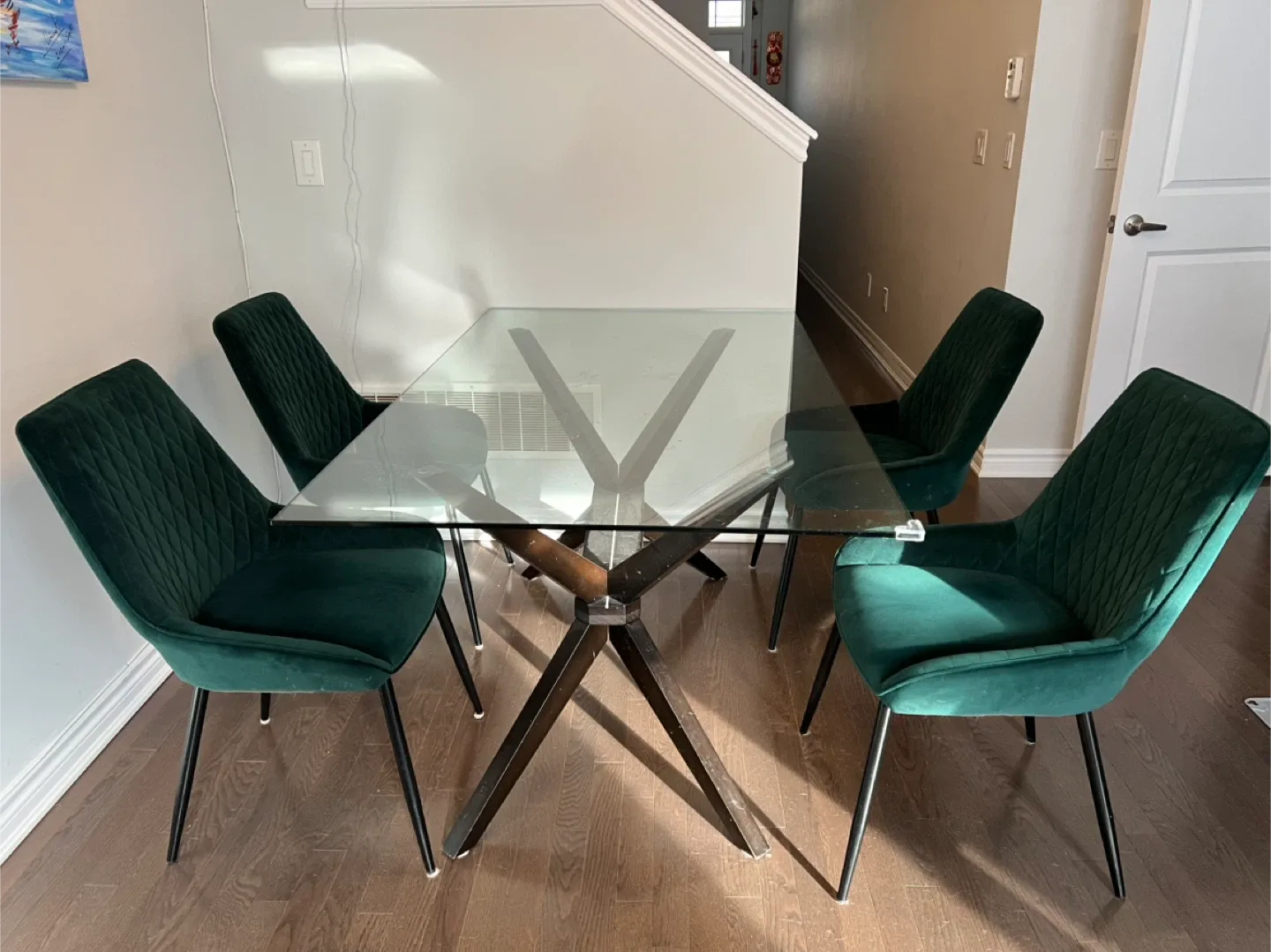 Glass Top Dining Table with 4 Green Velvet Chairs image indicator(2)