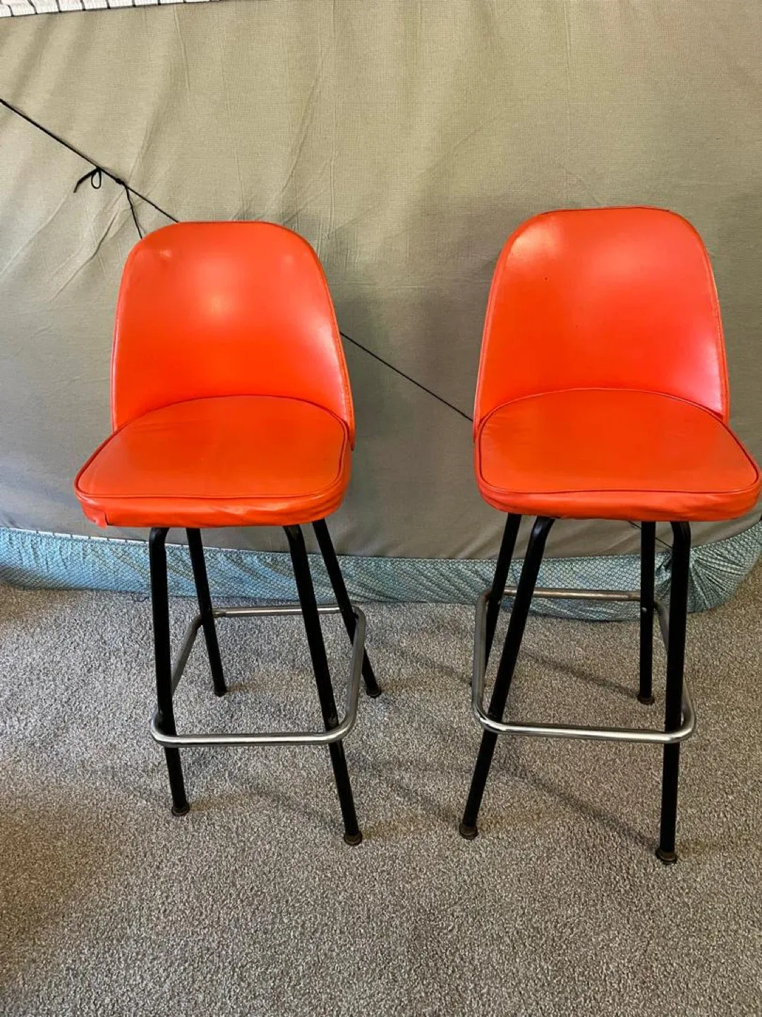 Pair of Vintage Orange Vinyl Bar Stools