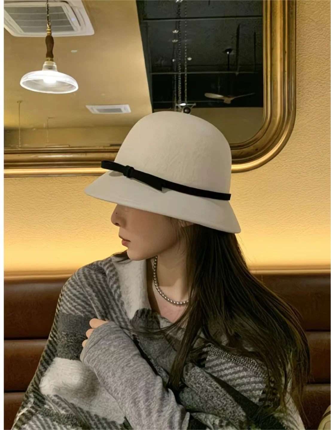 Cream Cloche Hat with Black Ribbon - New