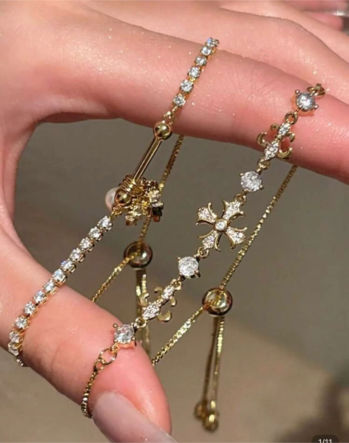 2 Gold Tone Crystal Cross Bracelet