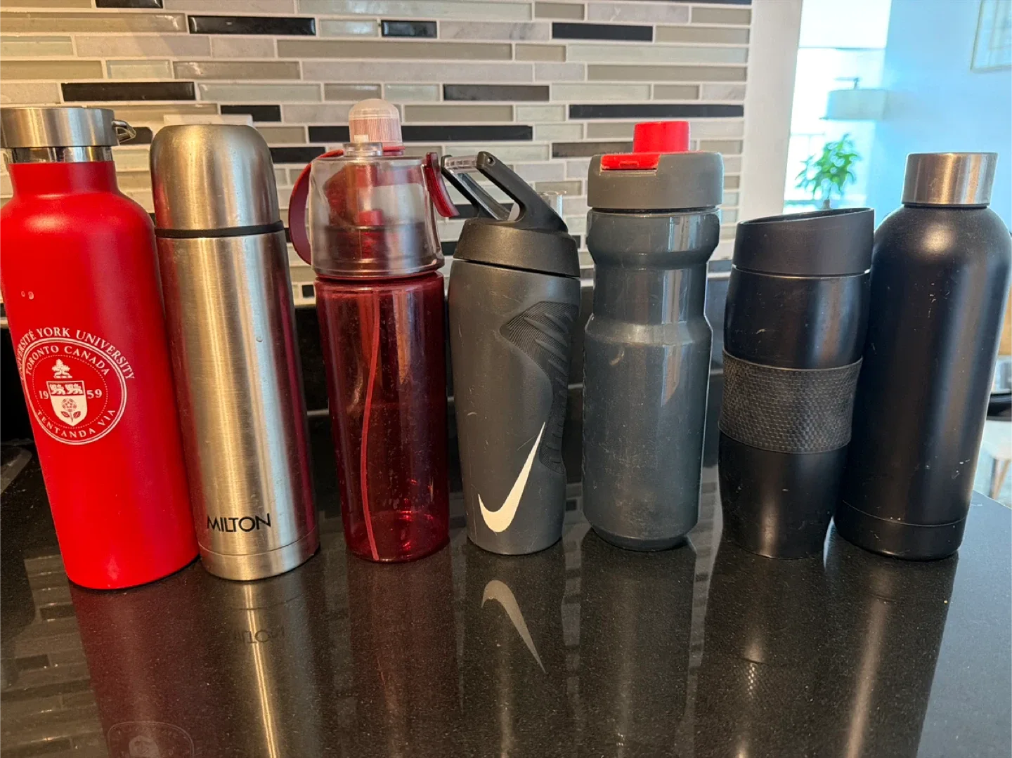 Assorted Water Bottles: Nike, Milton, York University