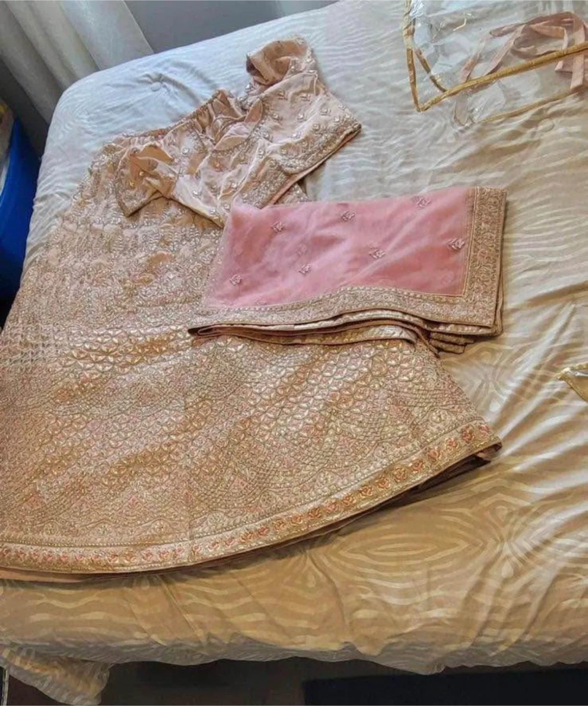 Brand New Peach Embroidered Crepe Bridal Lehenga - Size S image indicator(2)