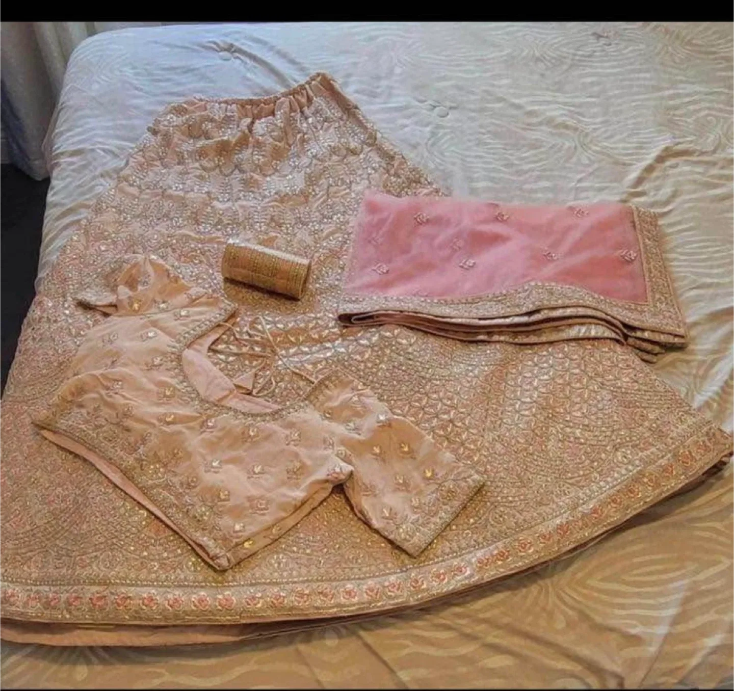 Brand New Peach Embroidered Crepe Bridal Lehenga - Size S