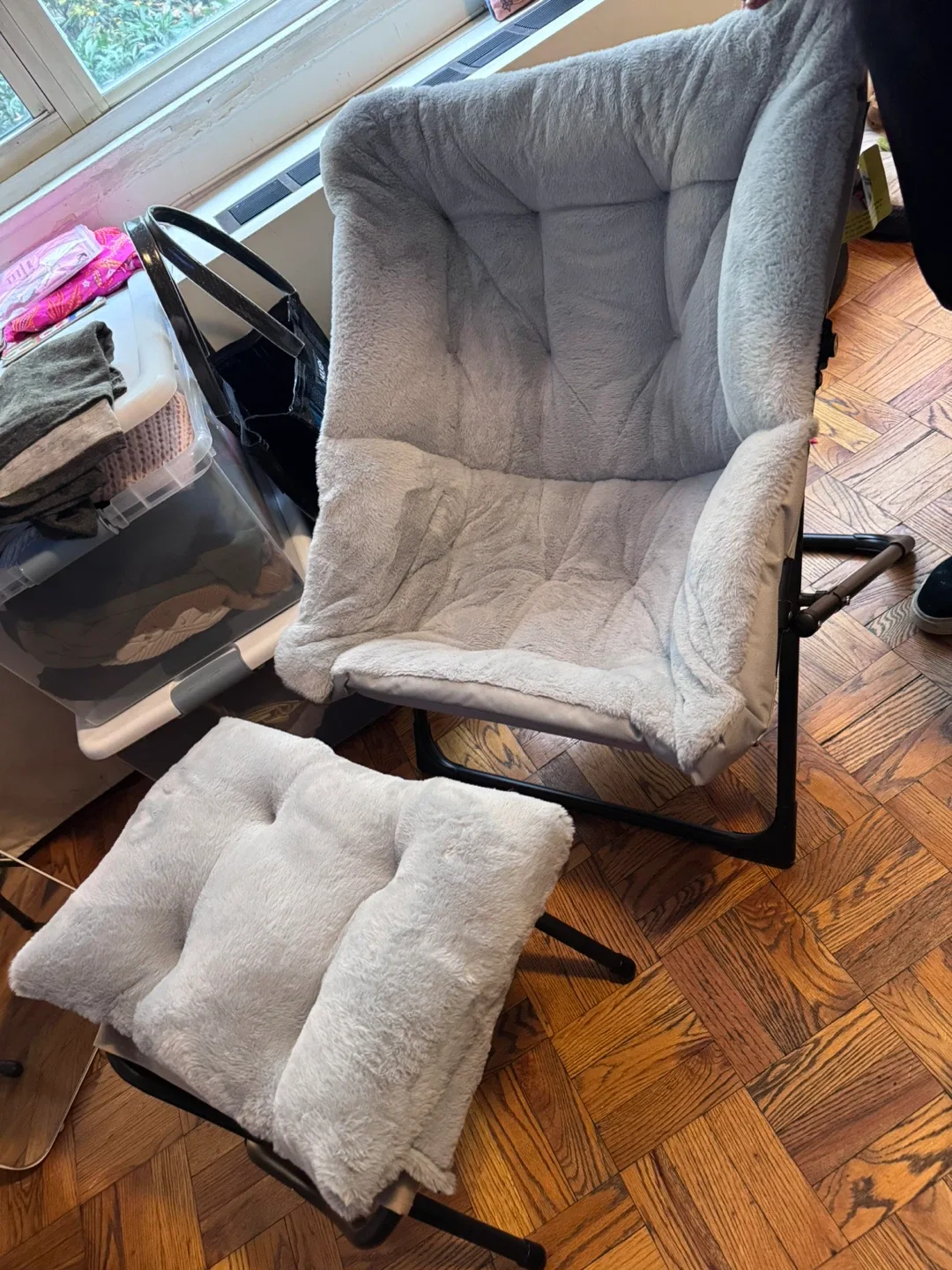 Gray Fuzzy Chair and Ottoman Set