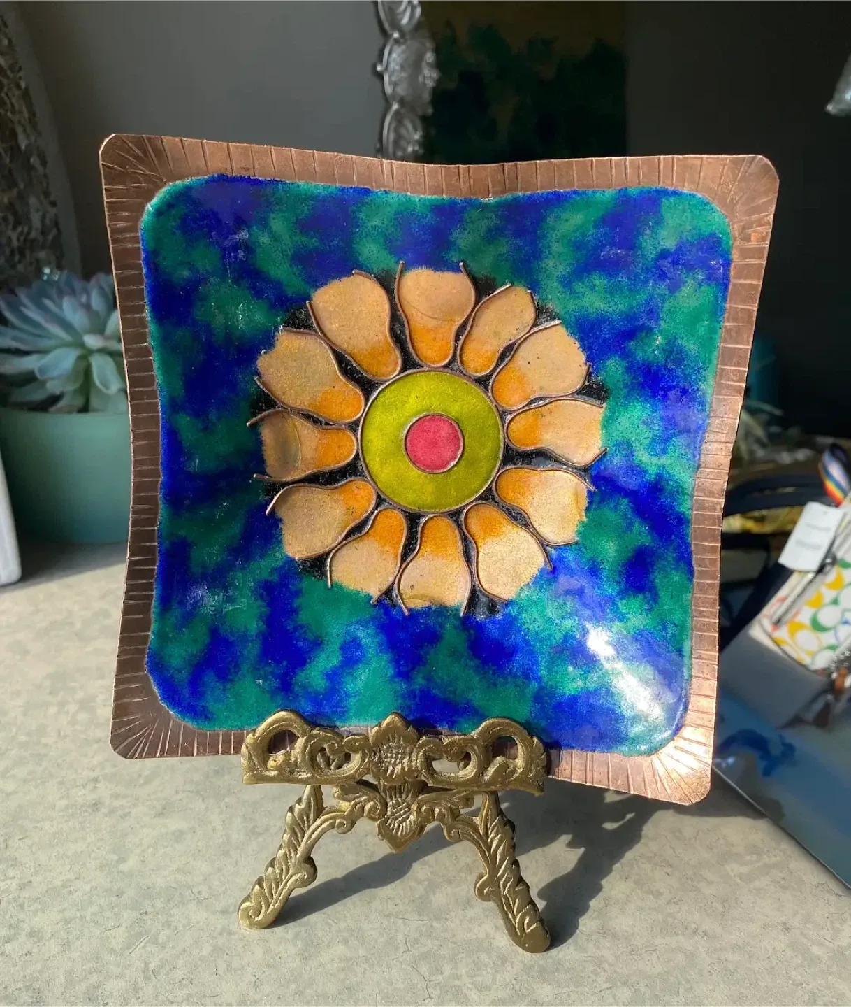 Vintage Copper Enamel Copper Dish with Stand
