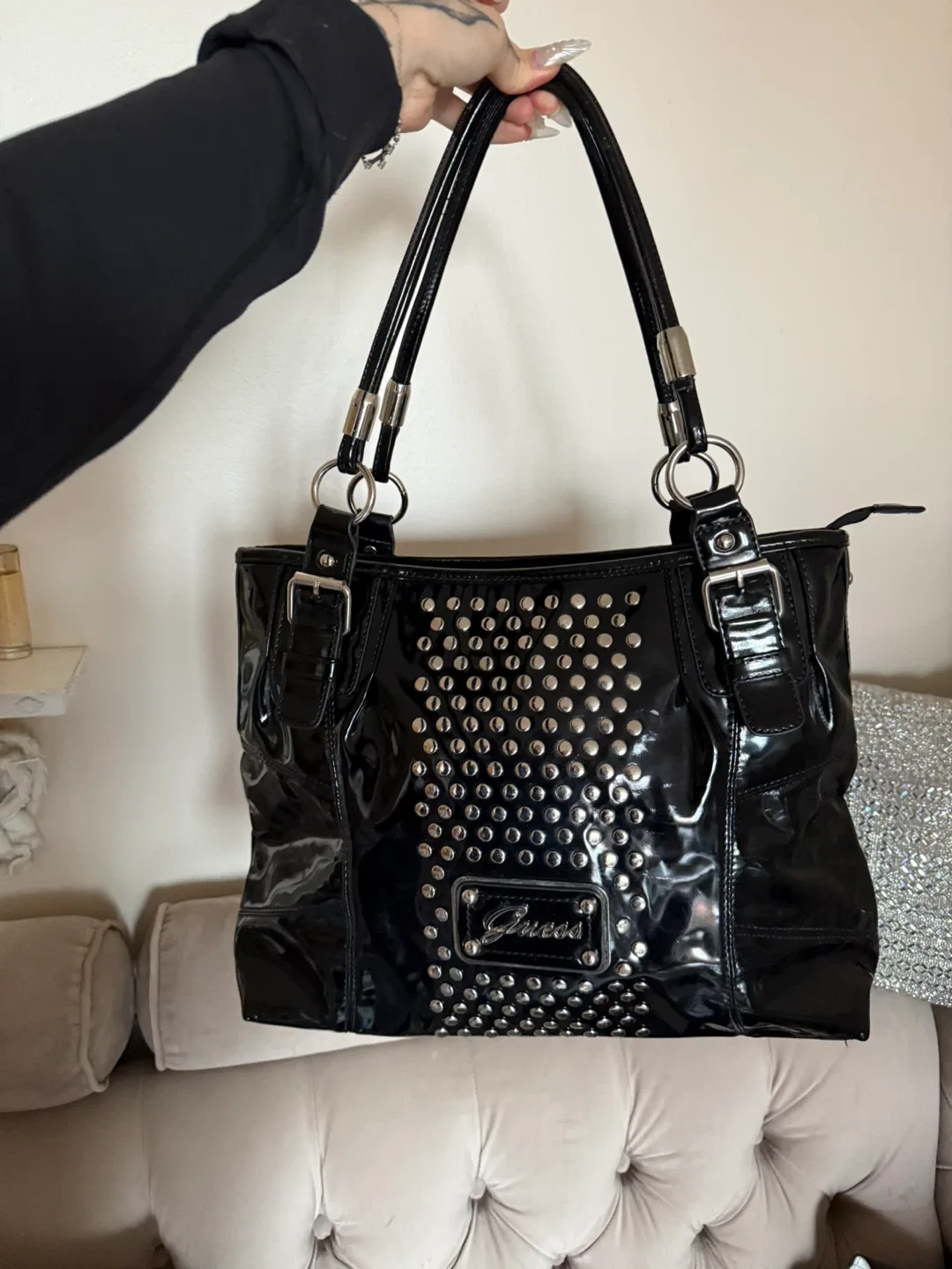 Guess Black Patent Leather Studded Tote Bag