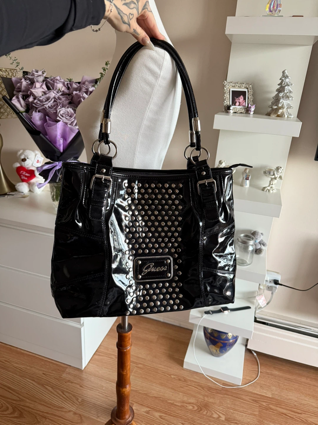Guess Black Patent Leather Studded Tote Bag - photo 3