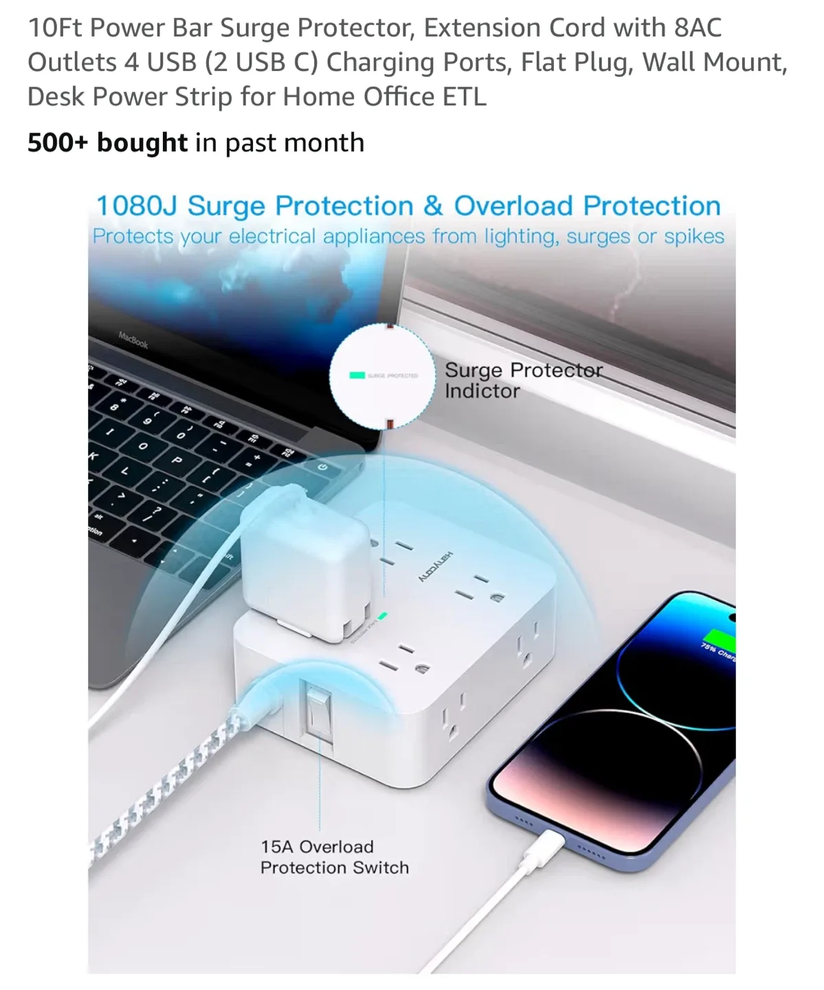 Hanycony Power Bar Surge Protector image indicator(3)