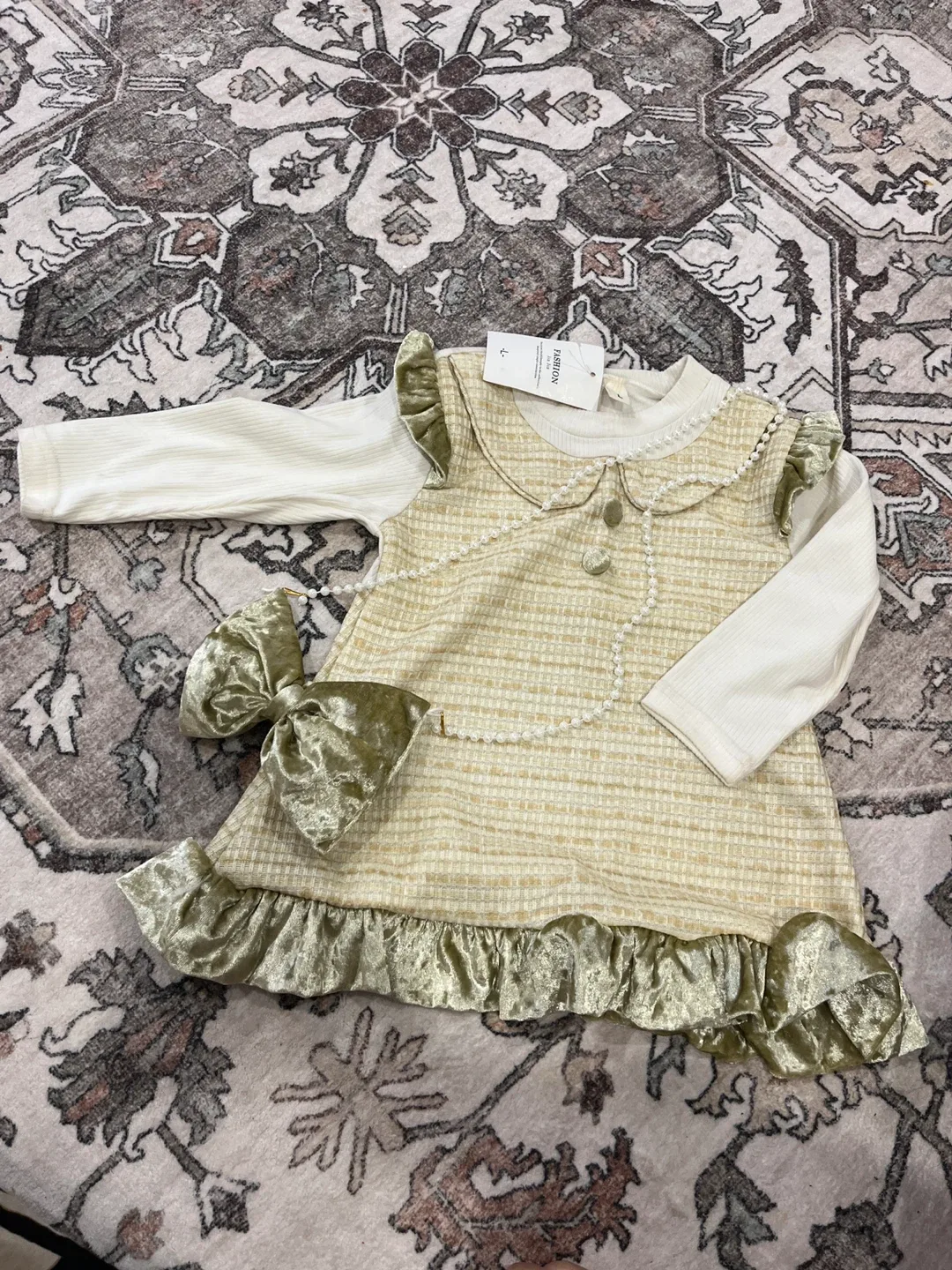 Girl's Dress - Beige & White