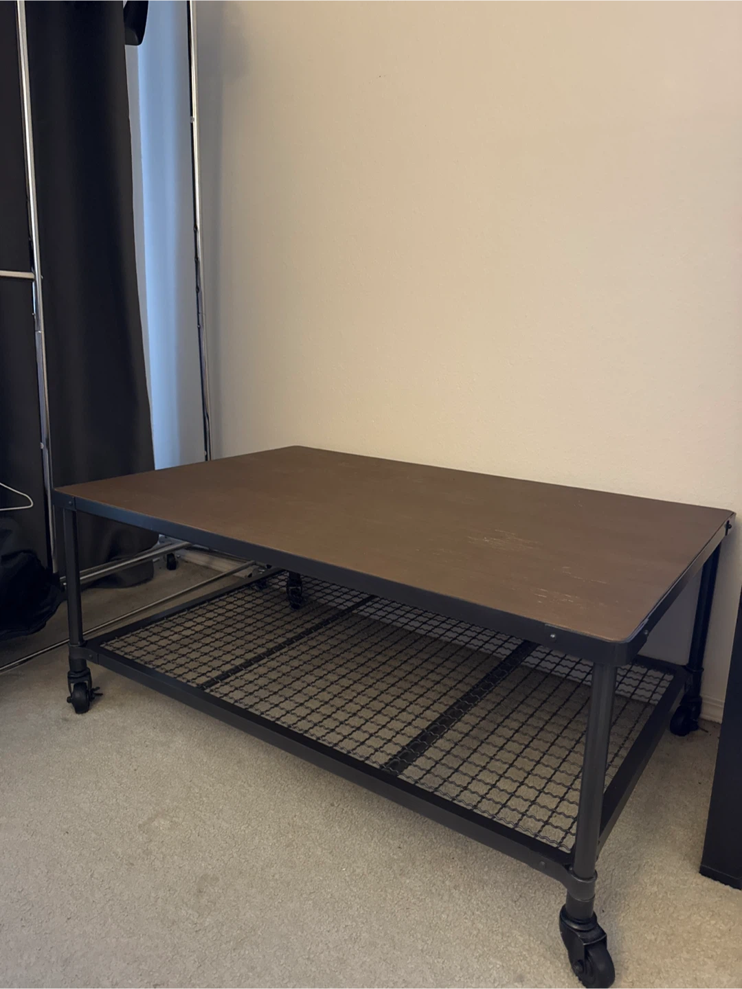 Rolling Coffee Table - Brown Wood & Metal