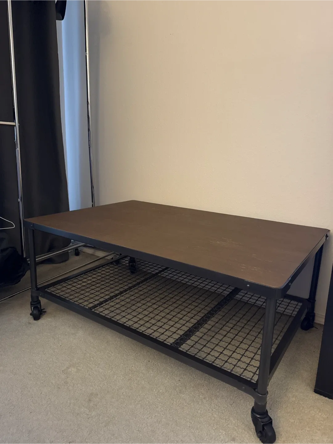 Rolling Coffee Table - Brown Wood & Metal