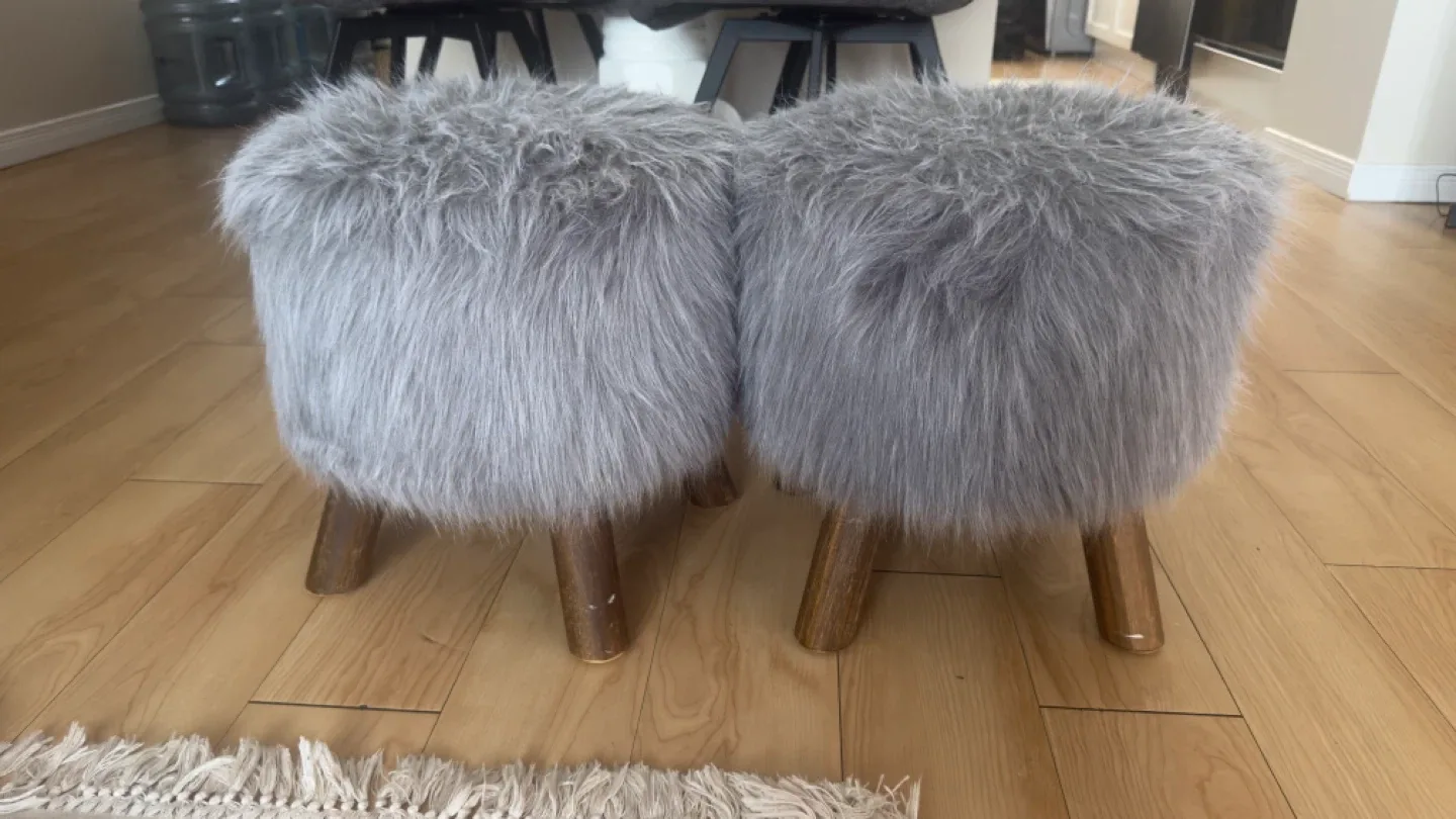 Grey Faux Fur Stool with Wooden Legs