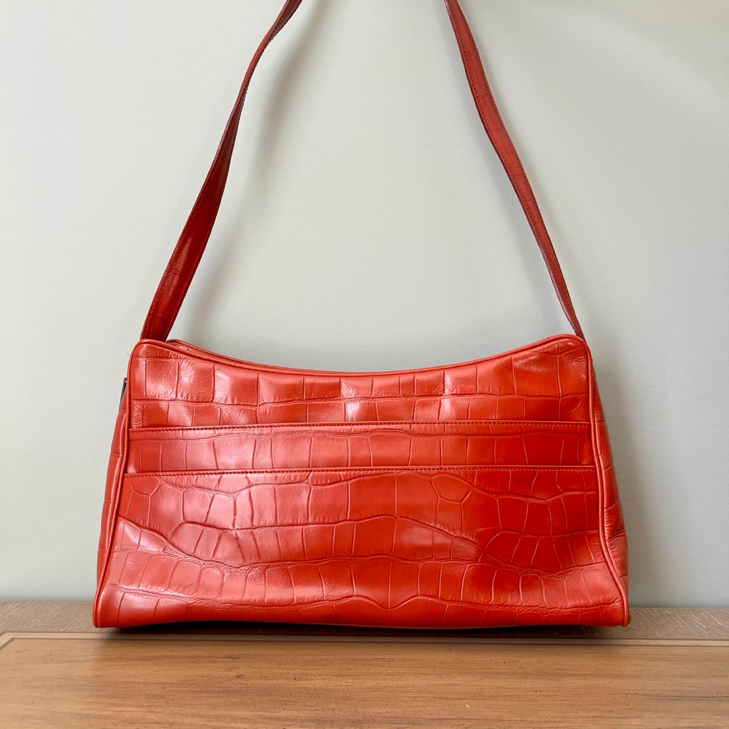 Nina Ricci Red Leather Croc-Embossed Shoulder Bag