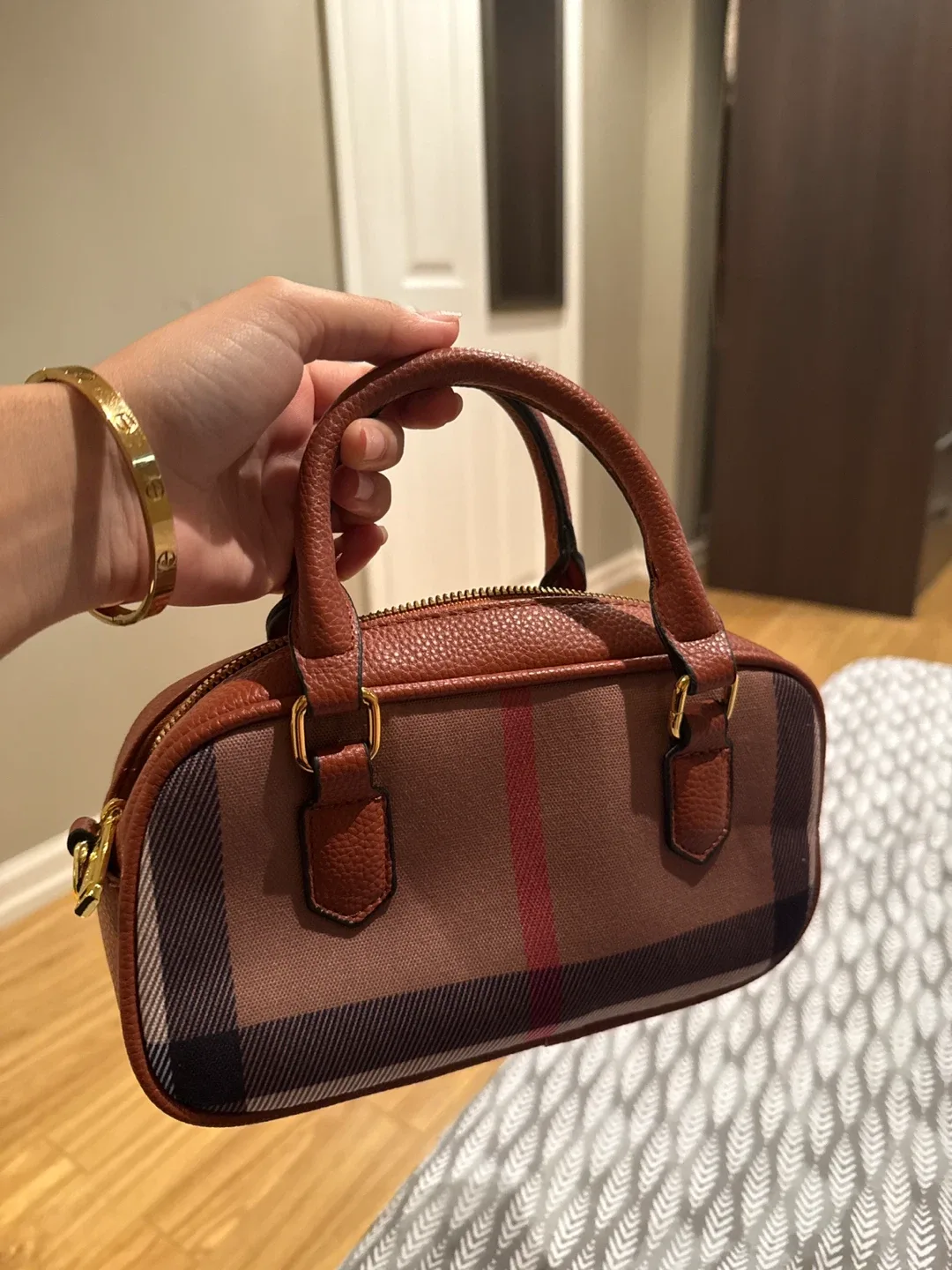 Tildauatte Brown Plaid Mini Boston Bag