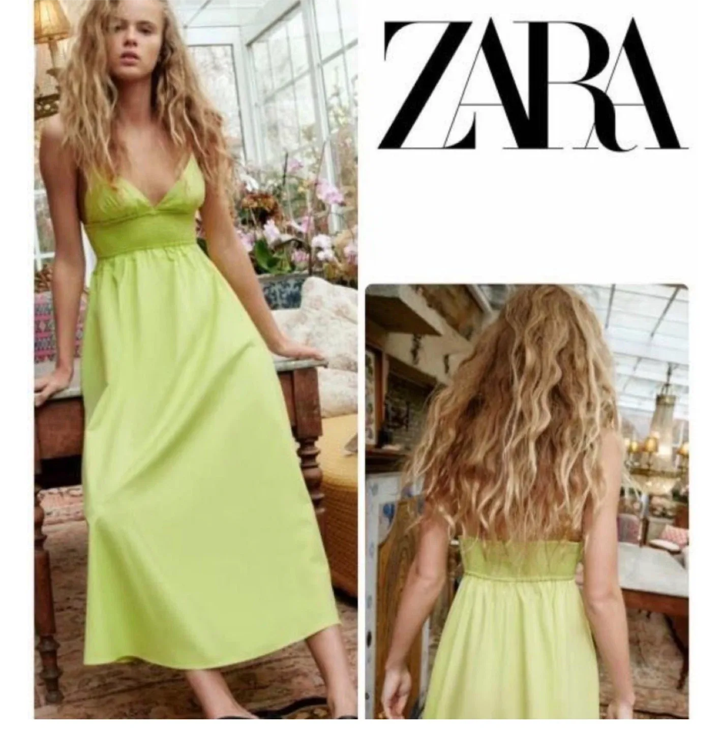 Zara Poplin Midi Neon Green Dress - Size M image indicator(2)