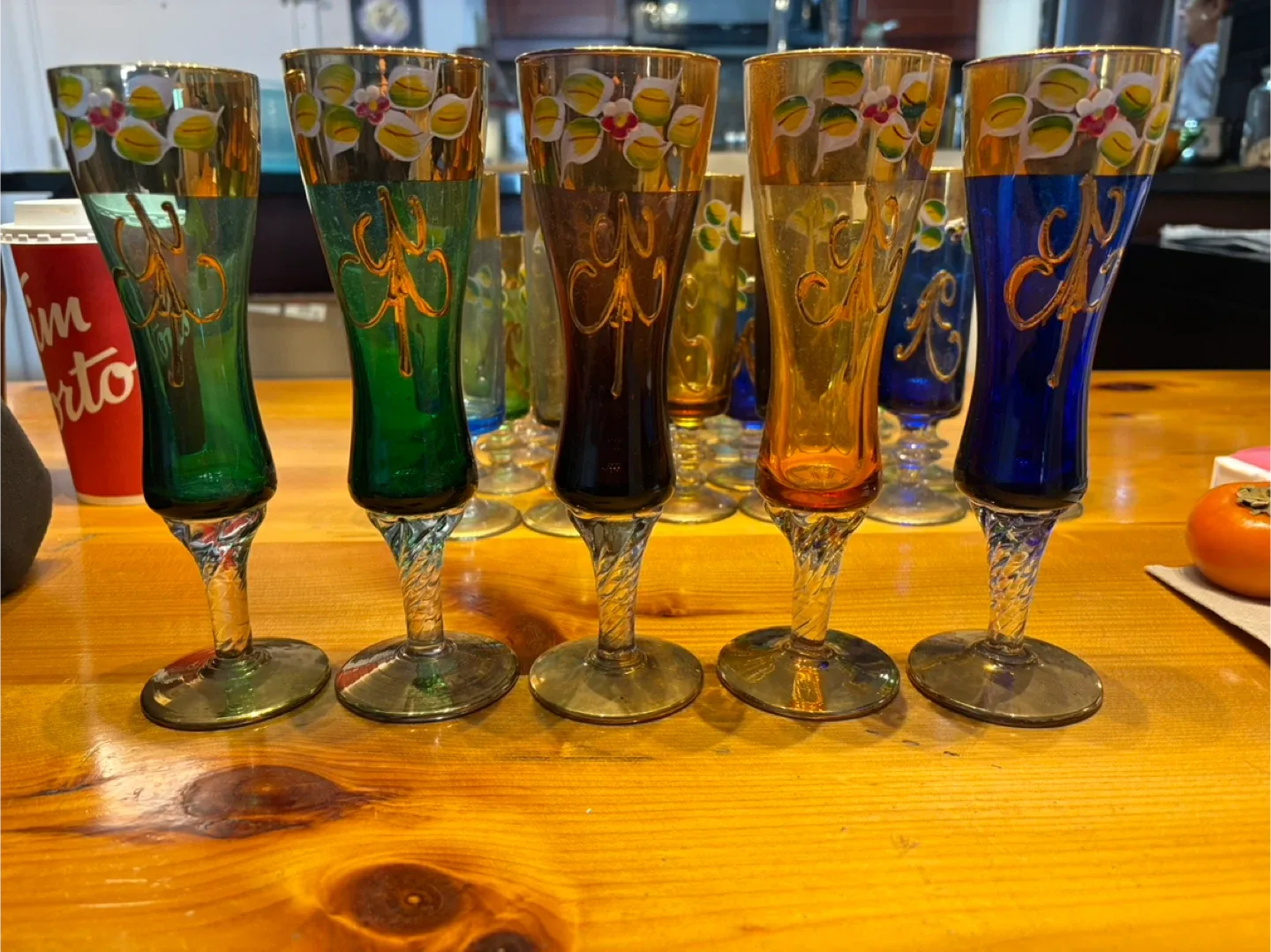 Set of 5 Vintage Murano Coloured Stemmed Glasses