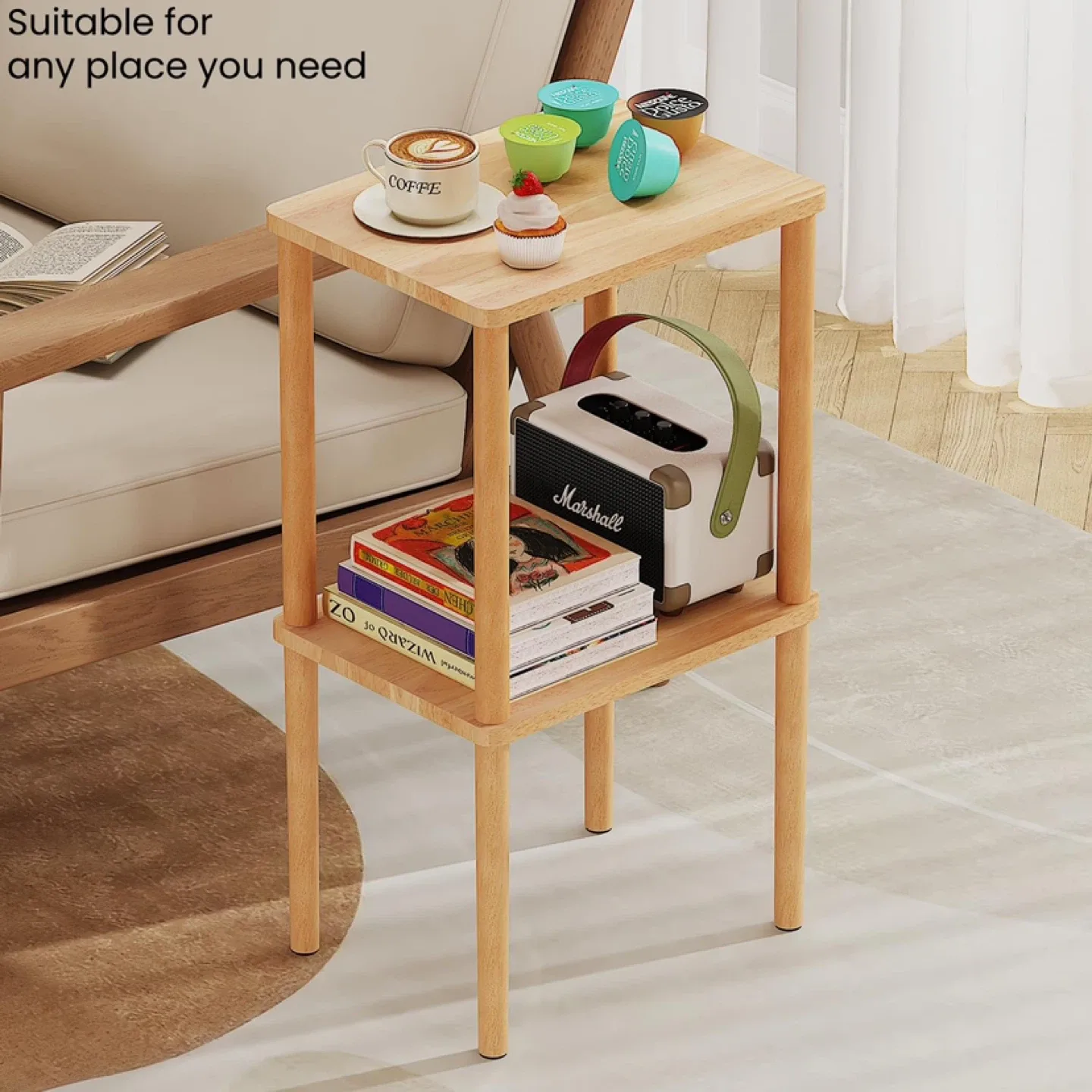 Solid Wood Side Table, 2-Tier Small End Table with Storage image indicator(5)