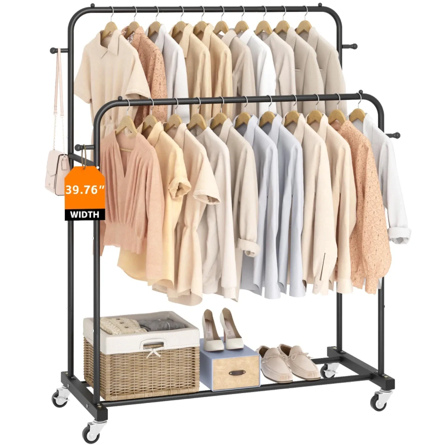 Laiensia Double Rods Clothing Garment Rack with Wheels