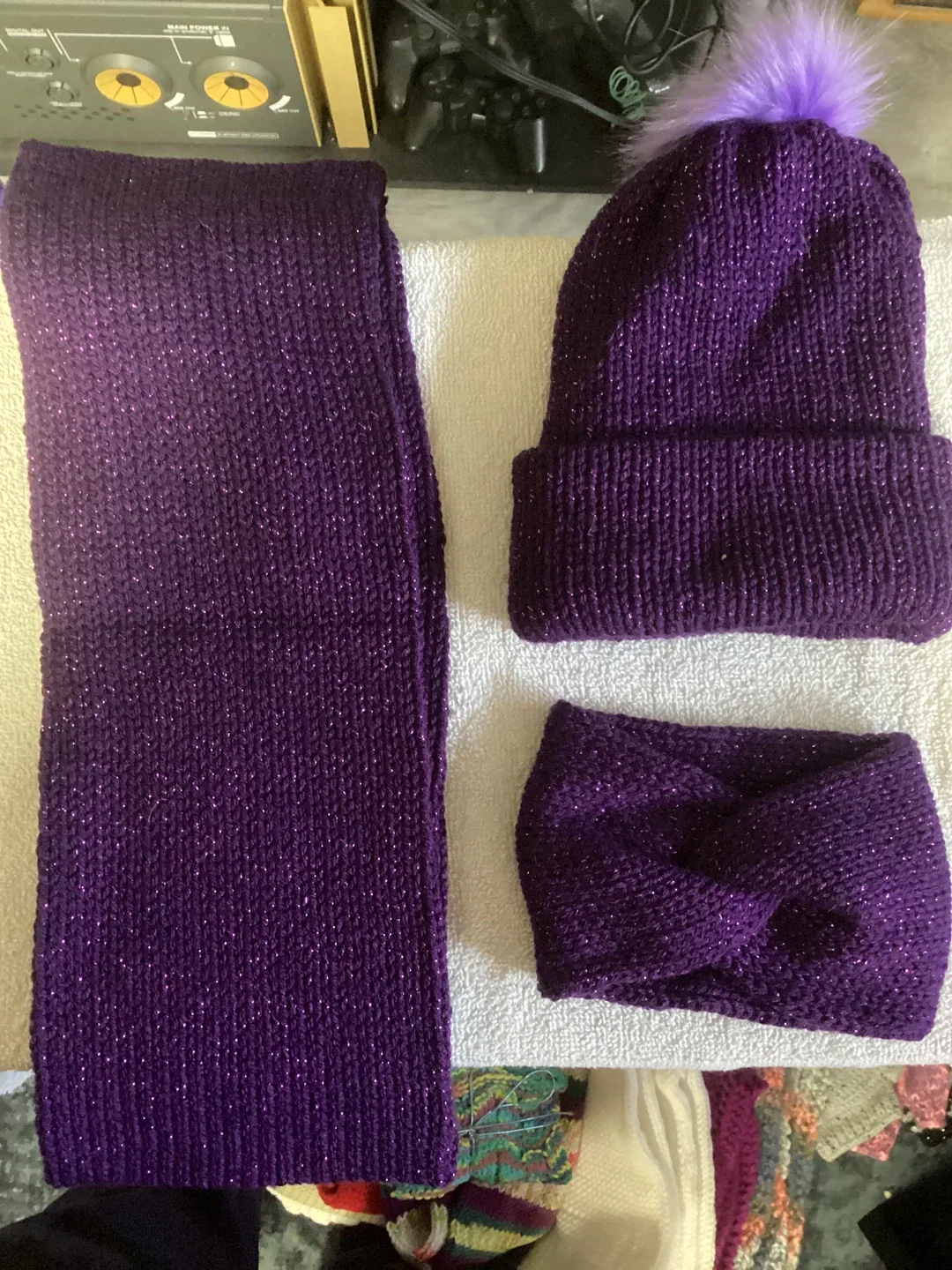 Purple Knit Hat, Scarf & Headband Set
