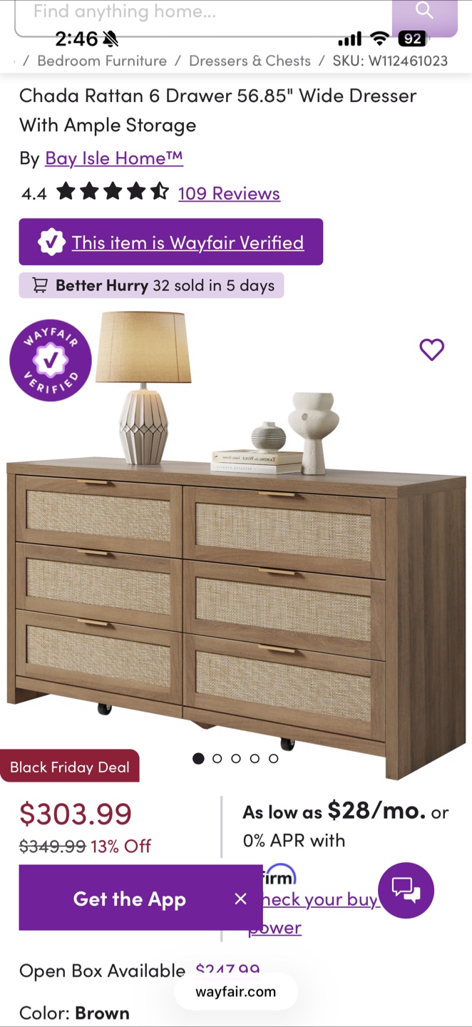 Unopened box! Rattan 6-Drawer Dresser