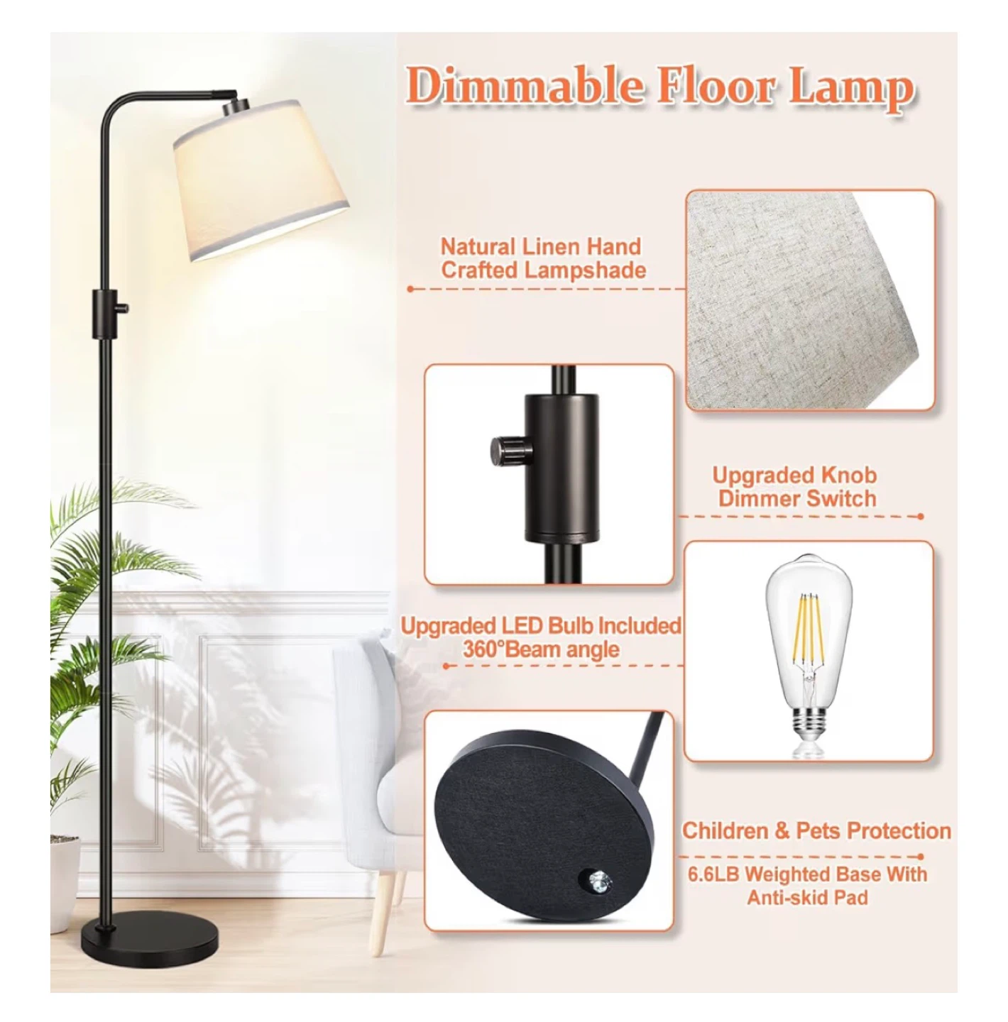 Dimmable Floor Lamp with Linen Shade - photo 4
