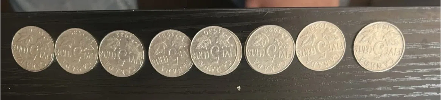 Vintage Canadian Five Cents Coins