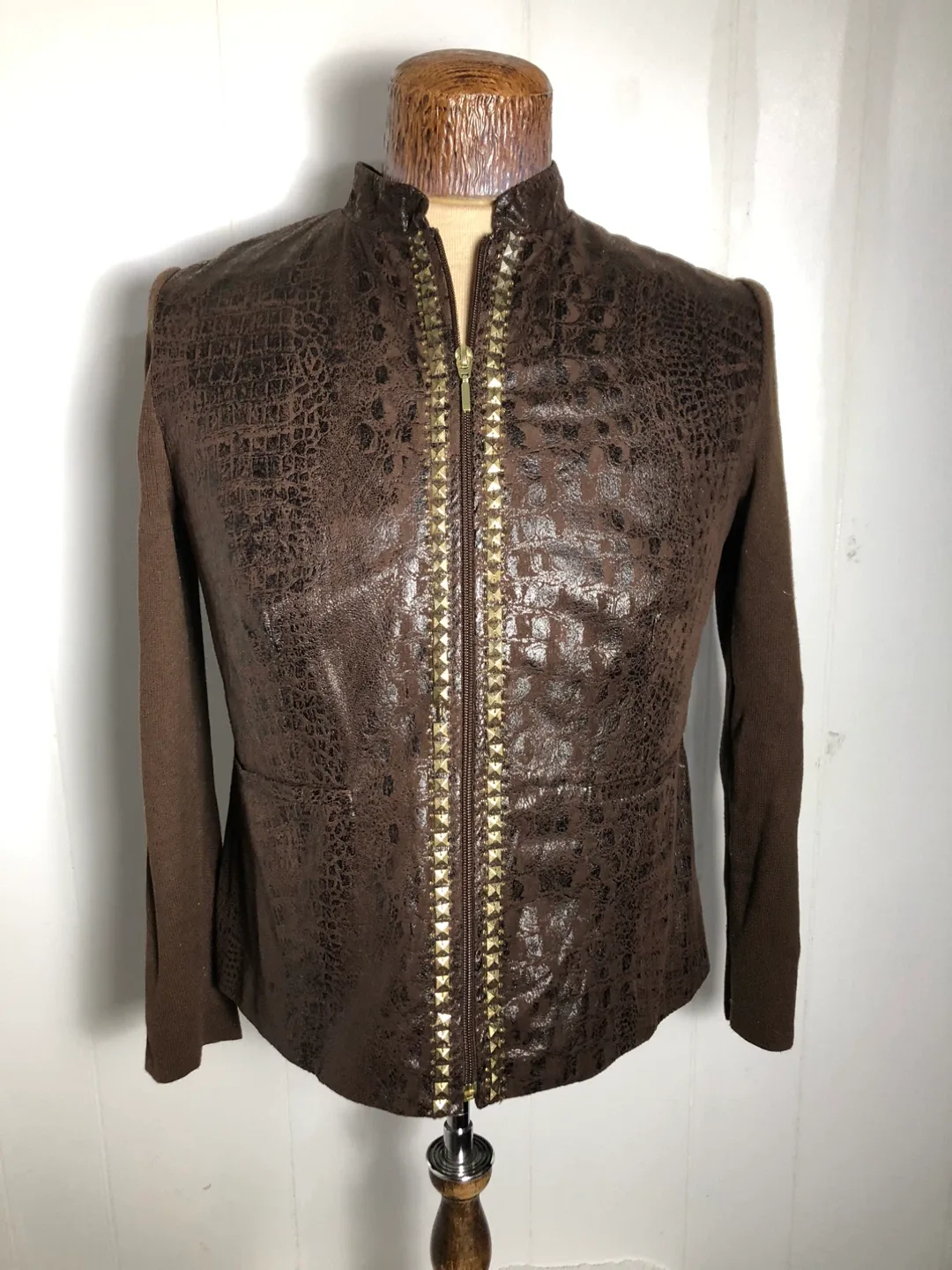 Women’s Brown Faux Leather Gold Studded Blazer. Size Small