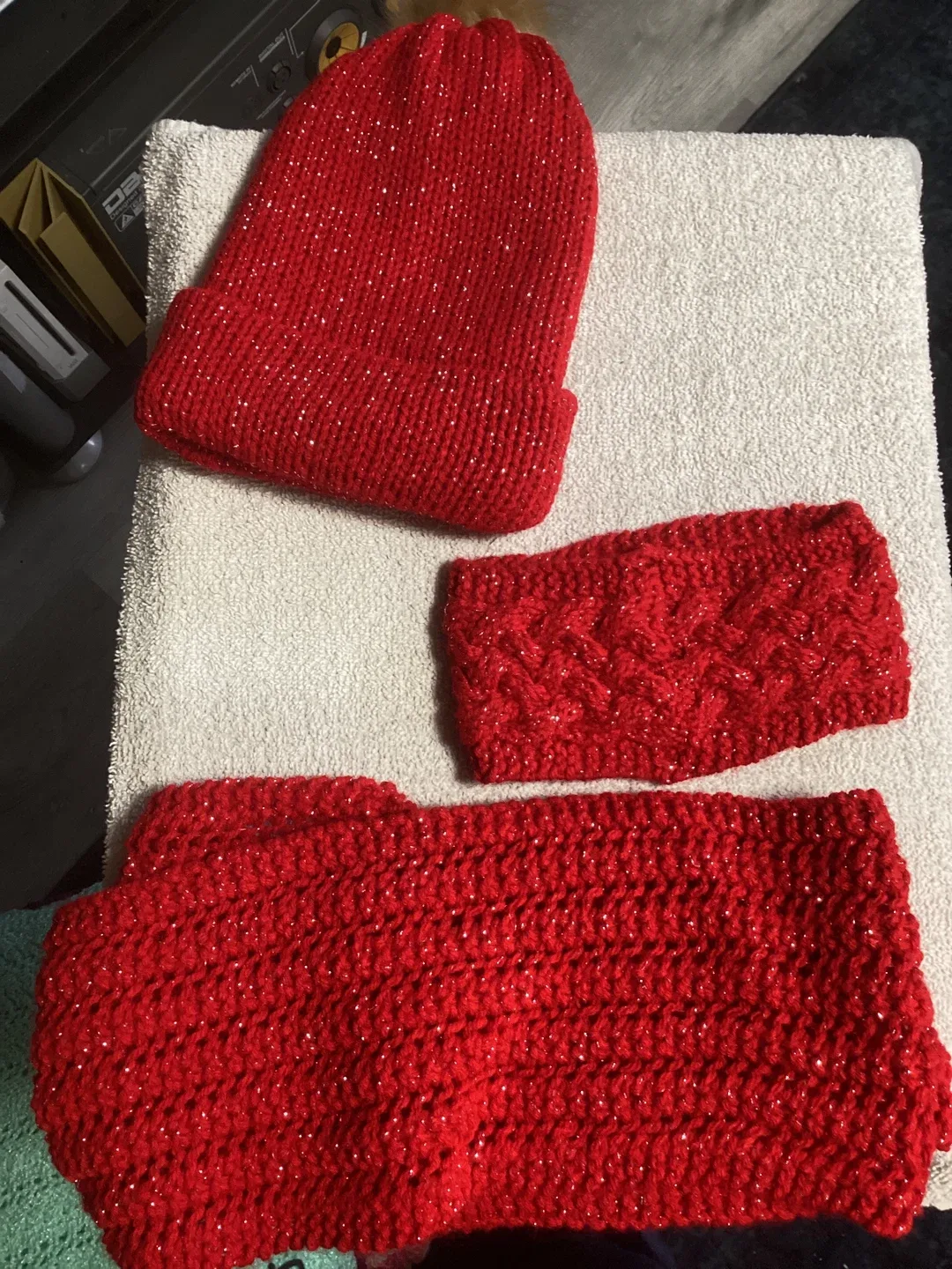 Red Knitted Hat, Scarf & Headband Set