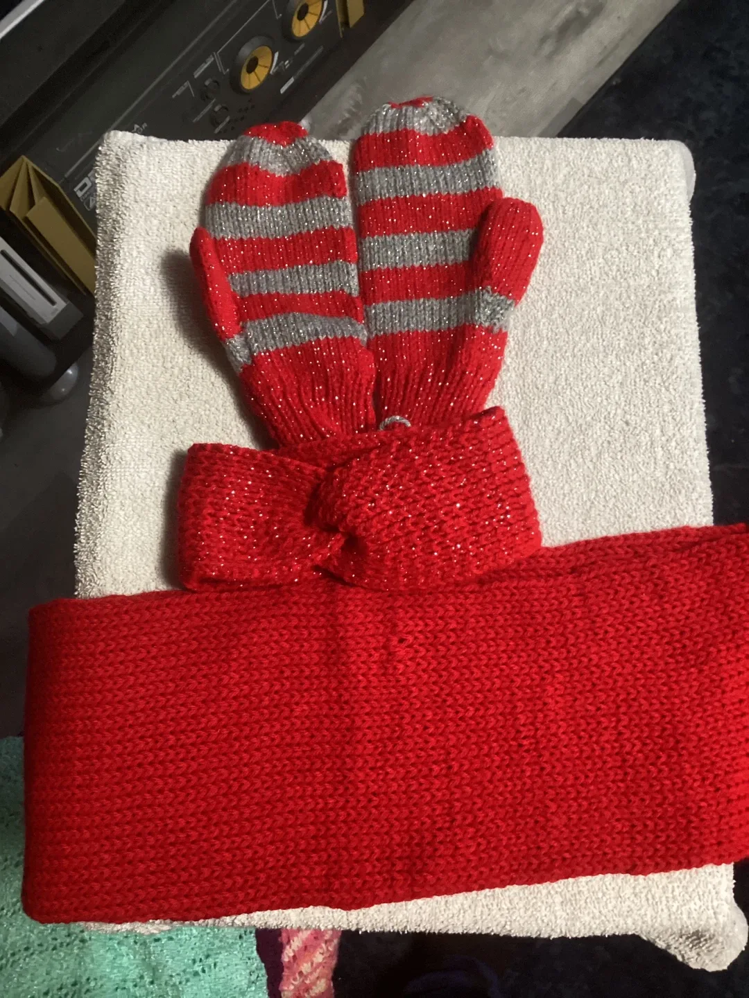 Handmade Red Knit Mittens, Scarf, and Headband Set