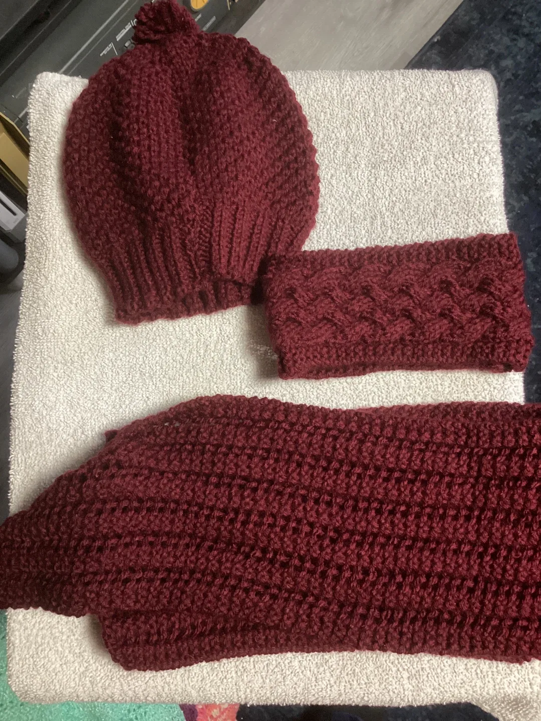 Burgundy Knitted Hat, Headband & Scarf Set