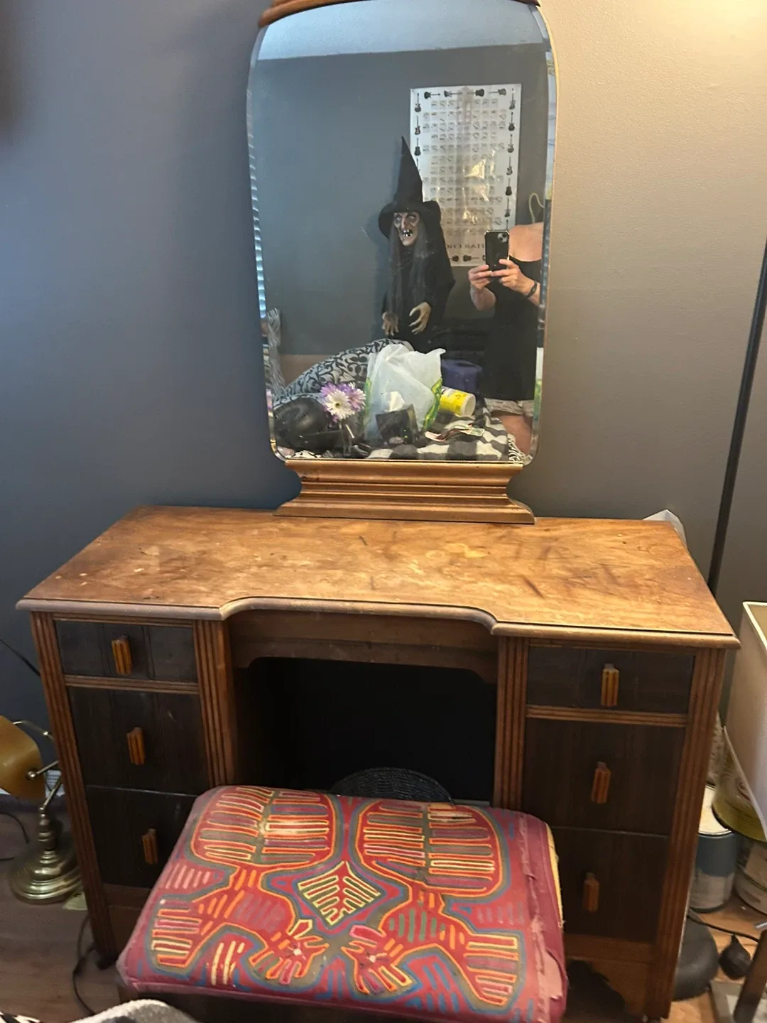 Antique Wood Headboard & Vanity Set