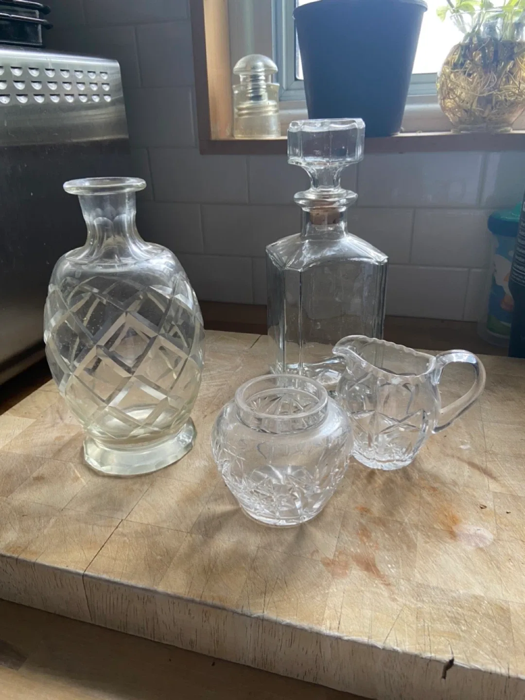 Crystal Glass Creamer, Sugar Bowl, Decanter & Vase