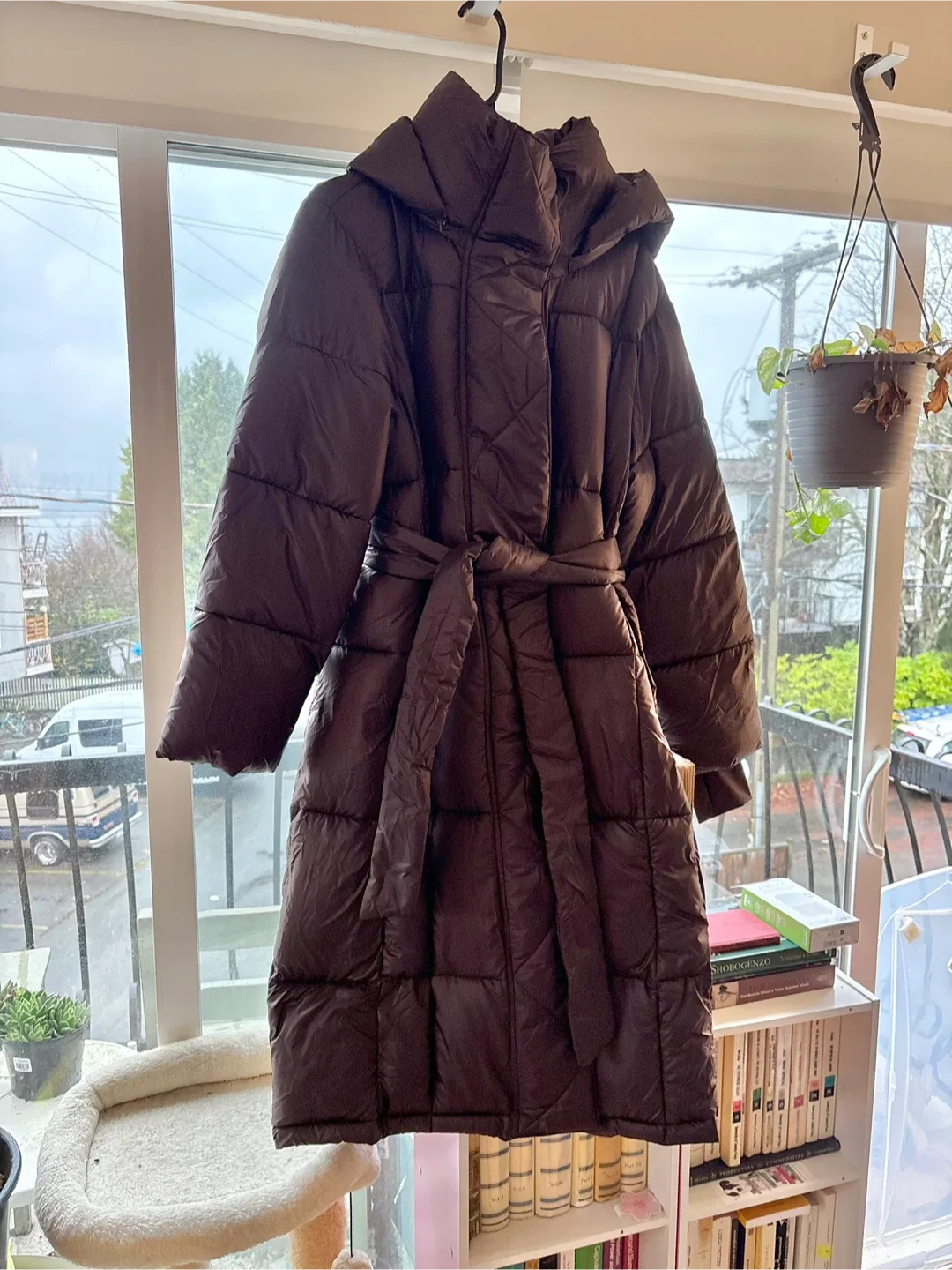 🤎 S gap long puffer jacket - brown noir with hood and belt