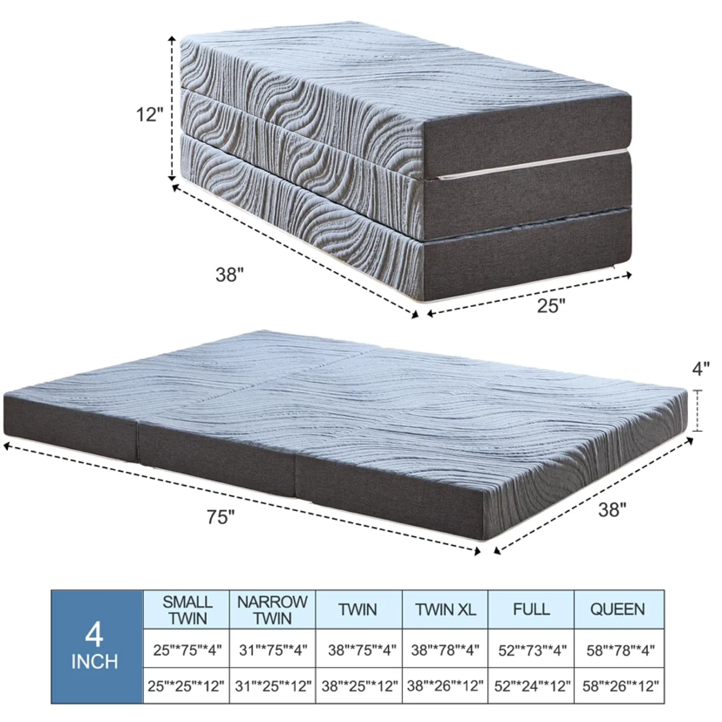 Portable Tri-Fold Mattress with Storage Bag 4 Inch Twin Size image indicator(2)