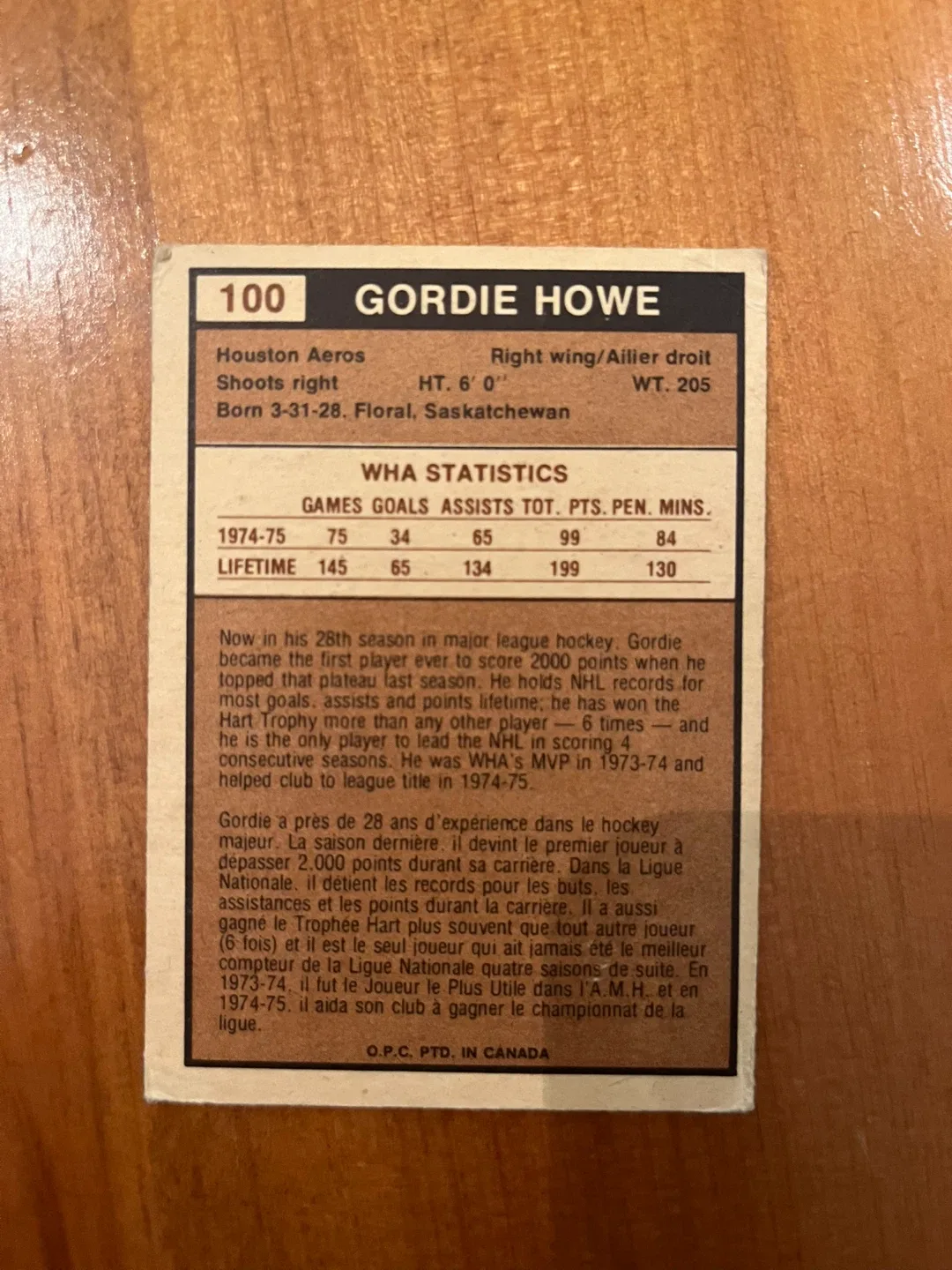 1975-76 OPC WHA #100 GORDIE HOWE HOUSTON AEROS image indicator(2)