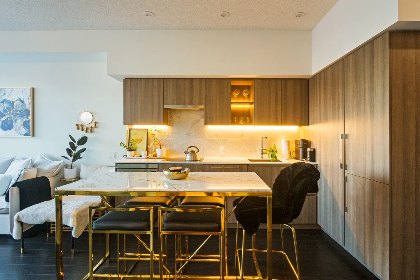 Stylish Marble & Gold Bar Island / Dining Table + Black Stools