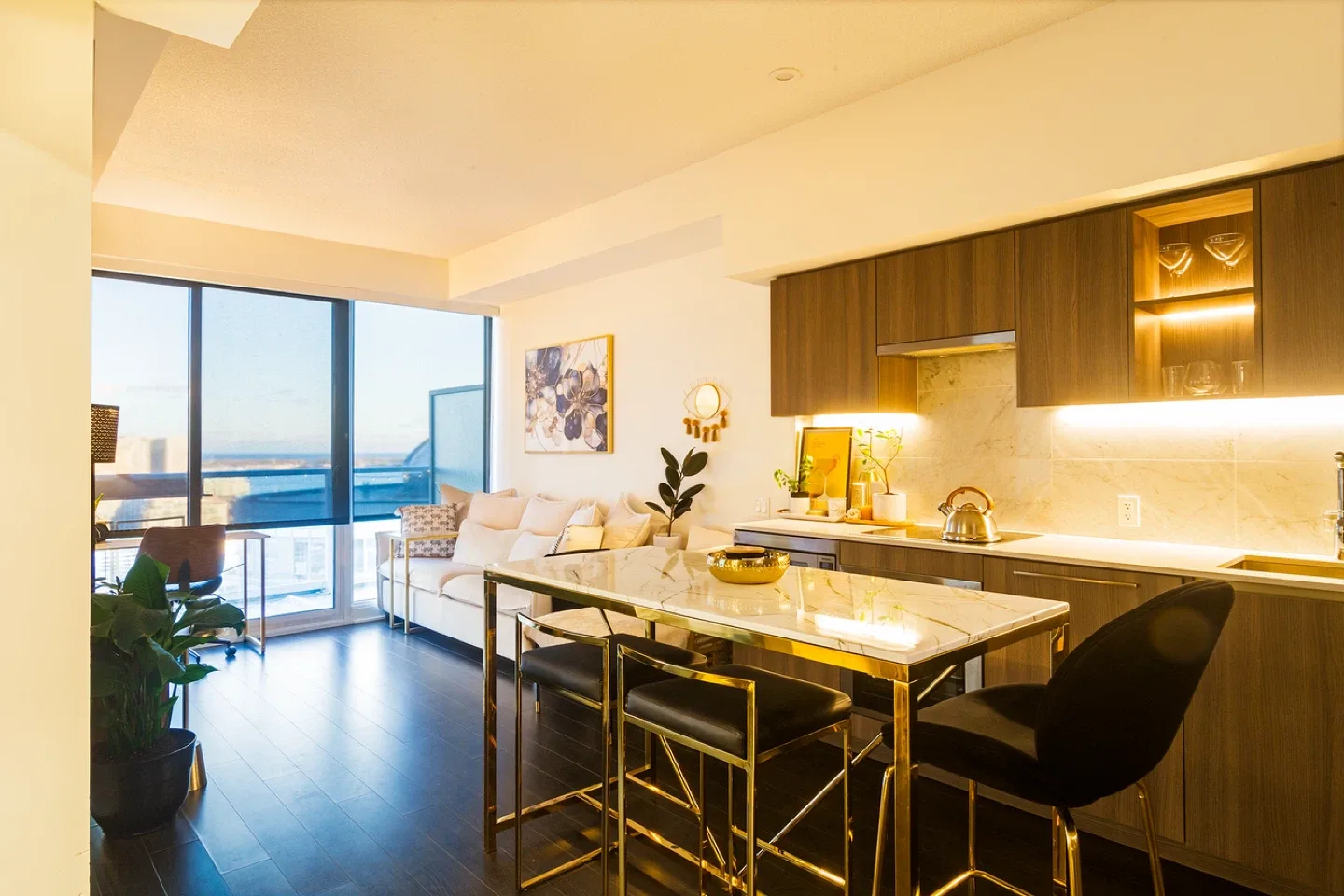 Stylish Marble & Gold Bar Island / Dining Table + Black Stools image indicator(6)