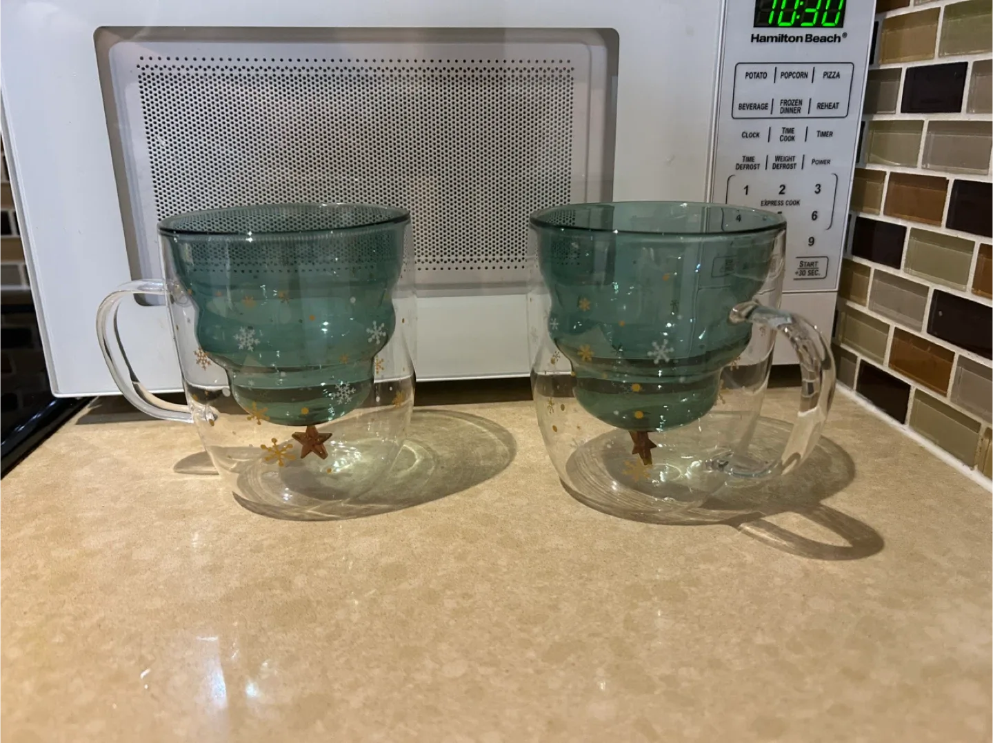 Two Christmas Tree Double Wall Glass Mugs